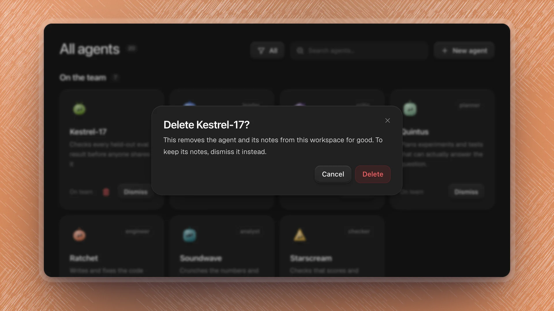 The Delete Kestrel-17 confirmation over the Agents page, with Cancel and Delete