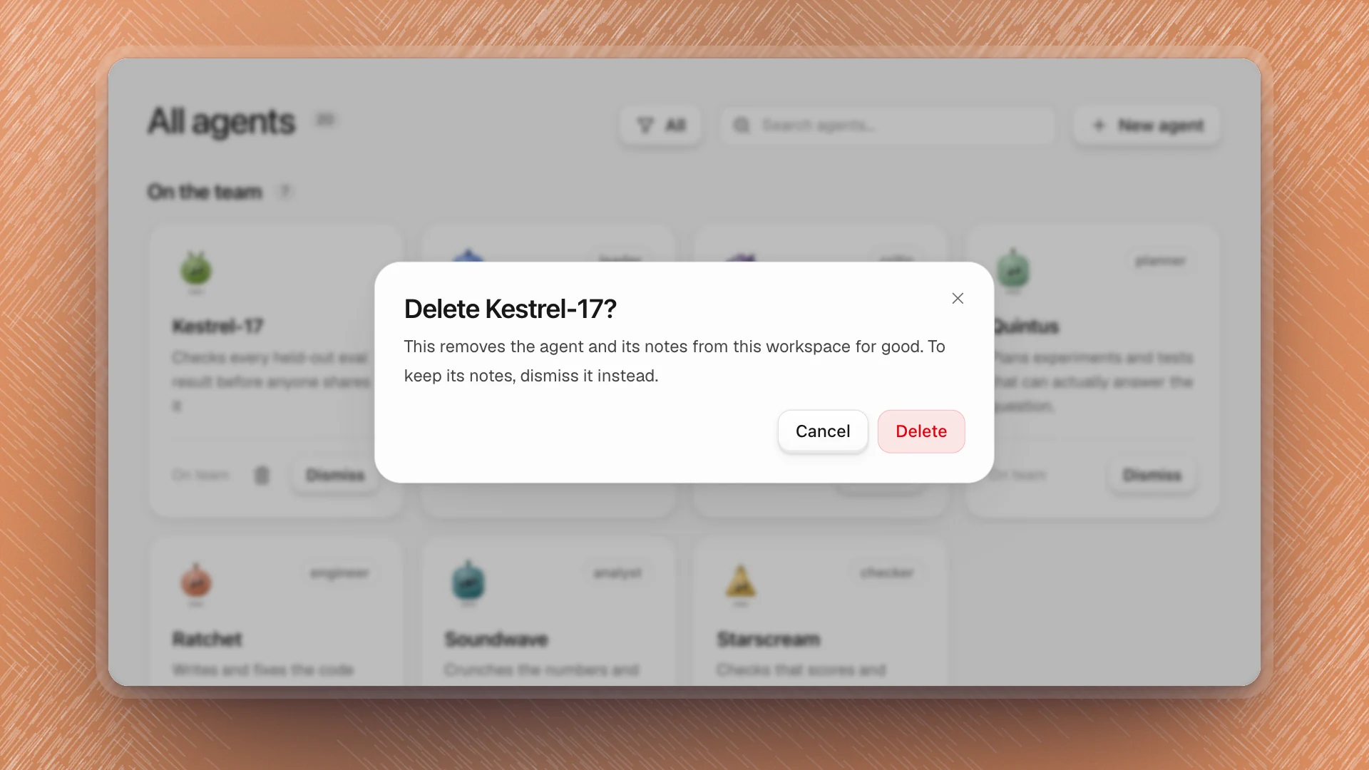 The Delete Kestrel-17 confirmation over the Agents page, with Cancel and Delete