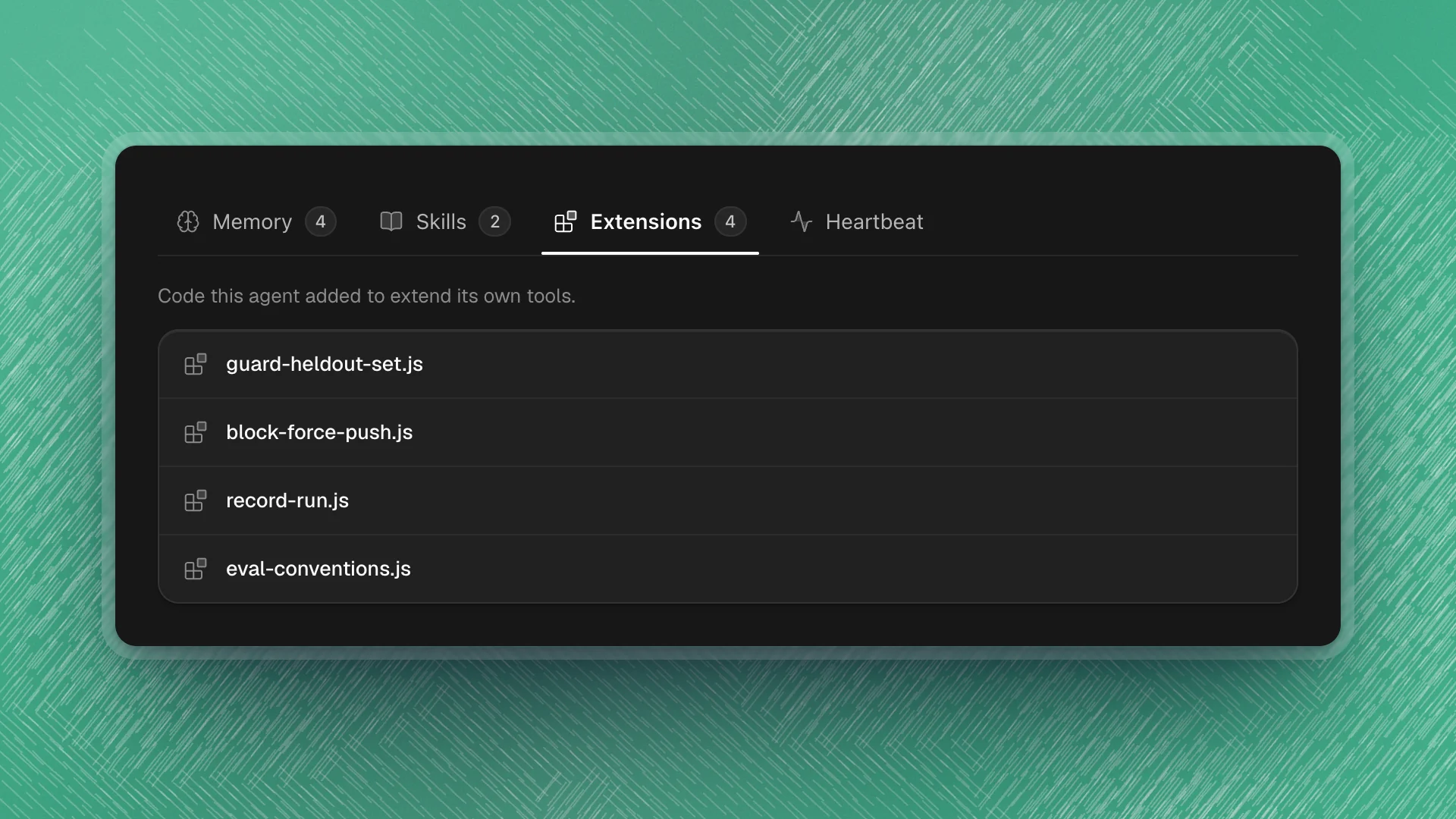 An agent's profile open on the Extensions tab, listing guard-heldout-set.js, block-force-push.js, record-run.js and eval-conventions.js