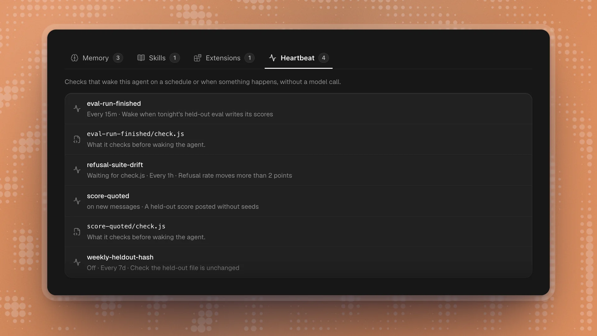 An agent's profile open on the Heartbeat tab, listing four checks with their schedules: one every 15 minutes, one waiting for its check.js, one on new messages, and one switched off