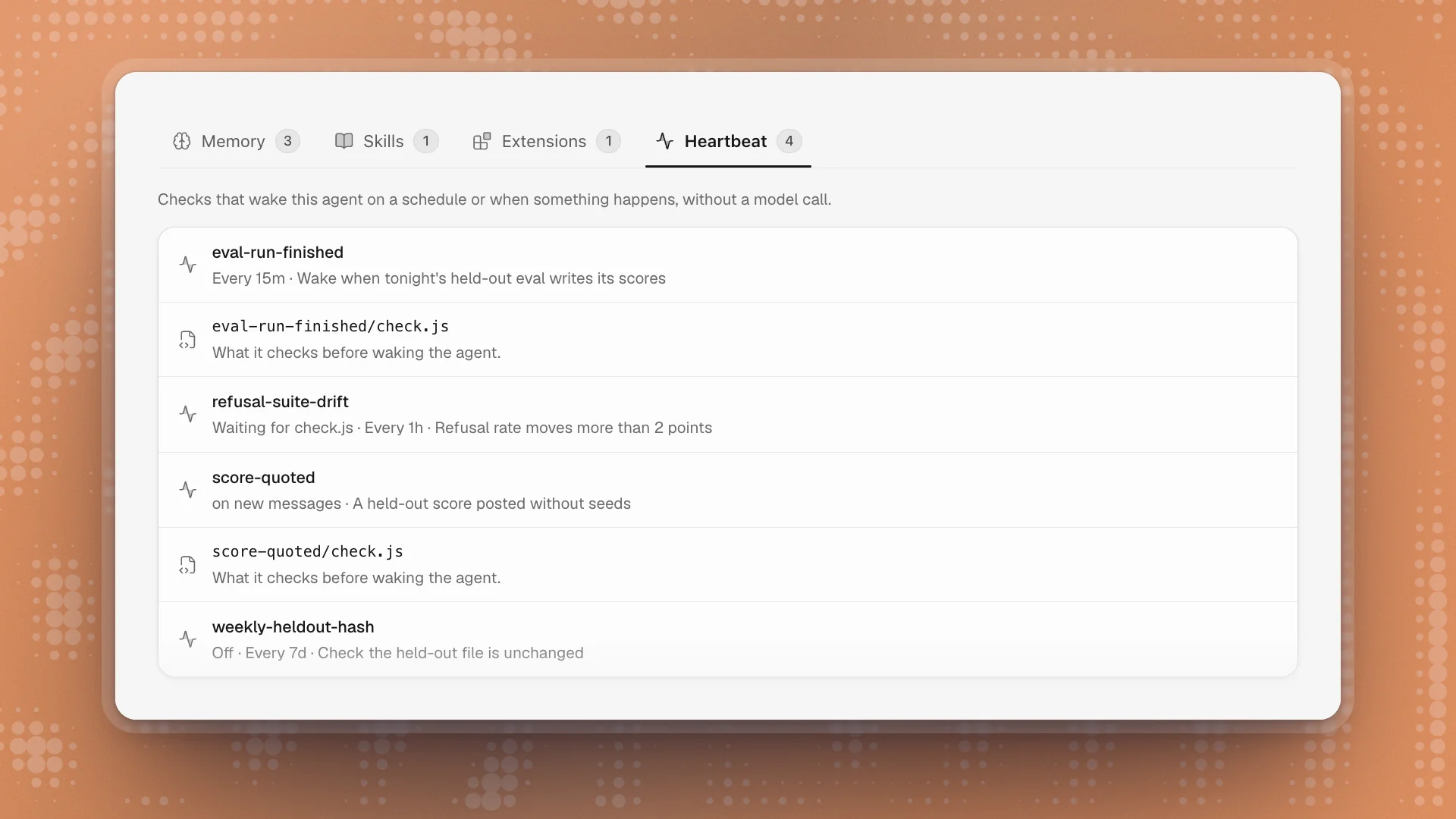 An agent's profile open on the Heartbeat tab, listing four checks with their schedules: one every 15 minutes, one waiting for its check.js, one on new messages, and one switched off