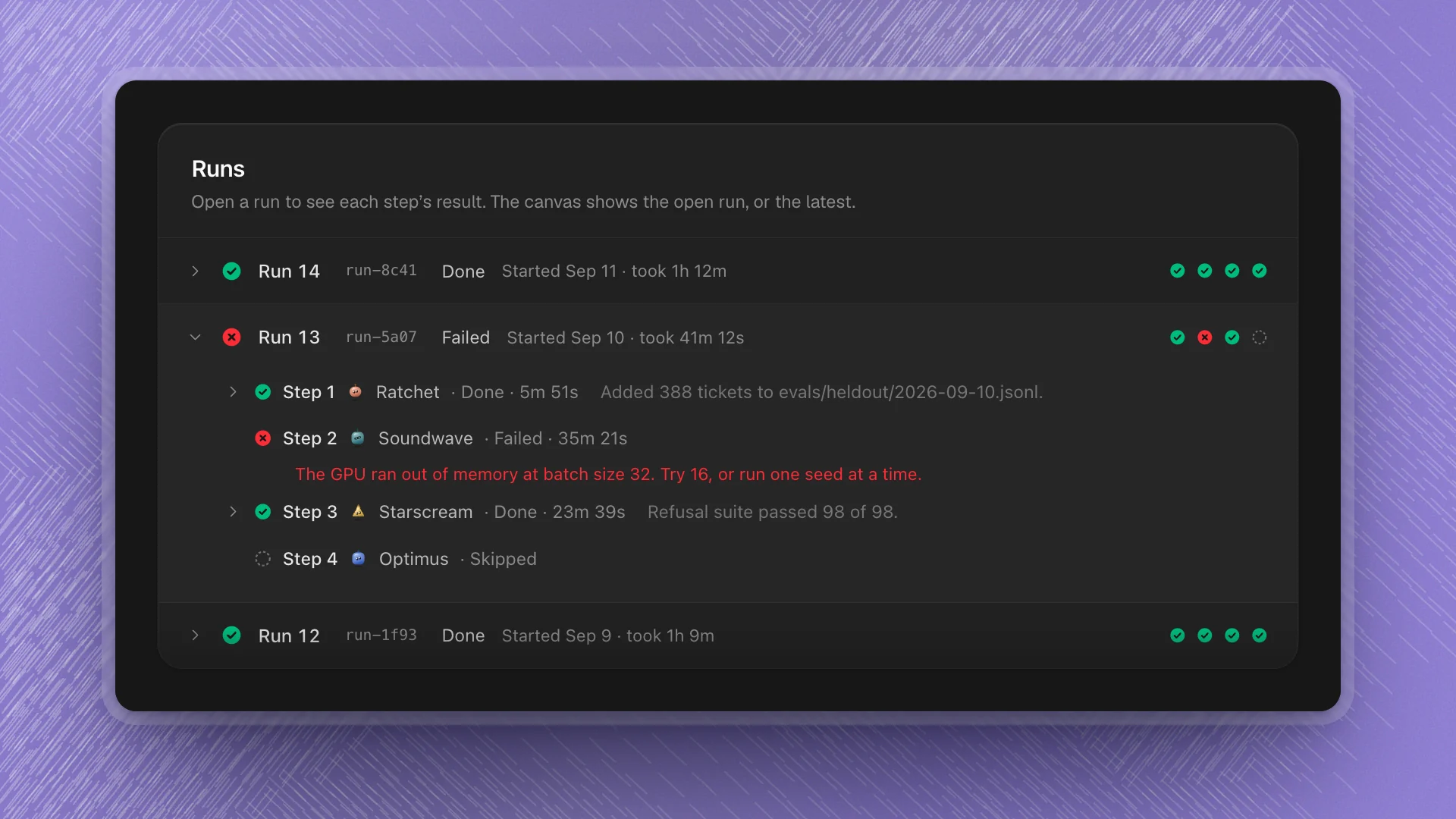 The Runs panel with three runs; the middle one is open and shows Step 2 failed with an out-of-memory error and Step 4 skipped