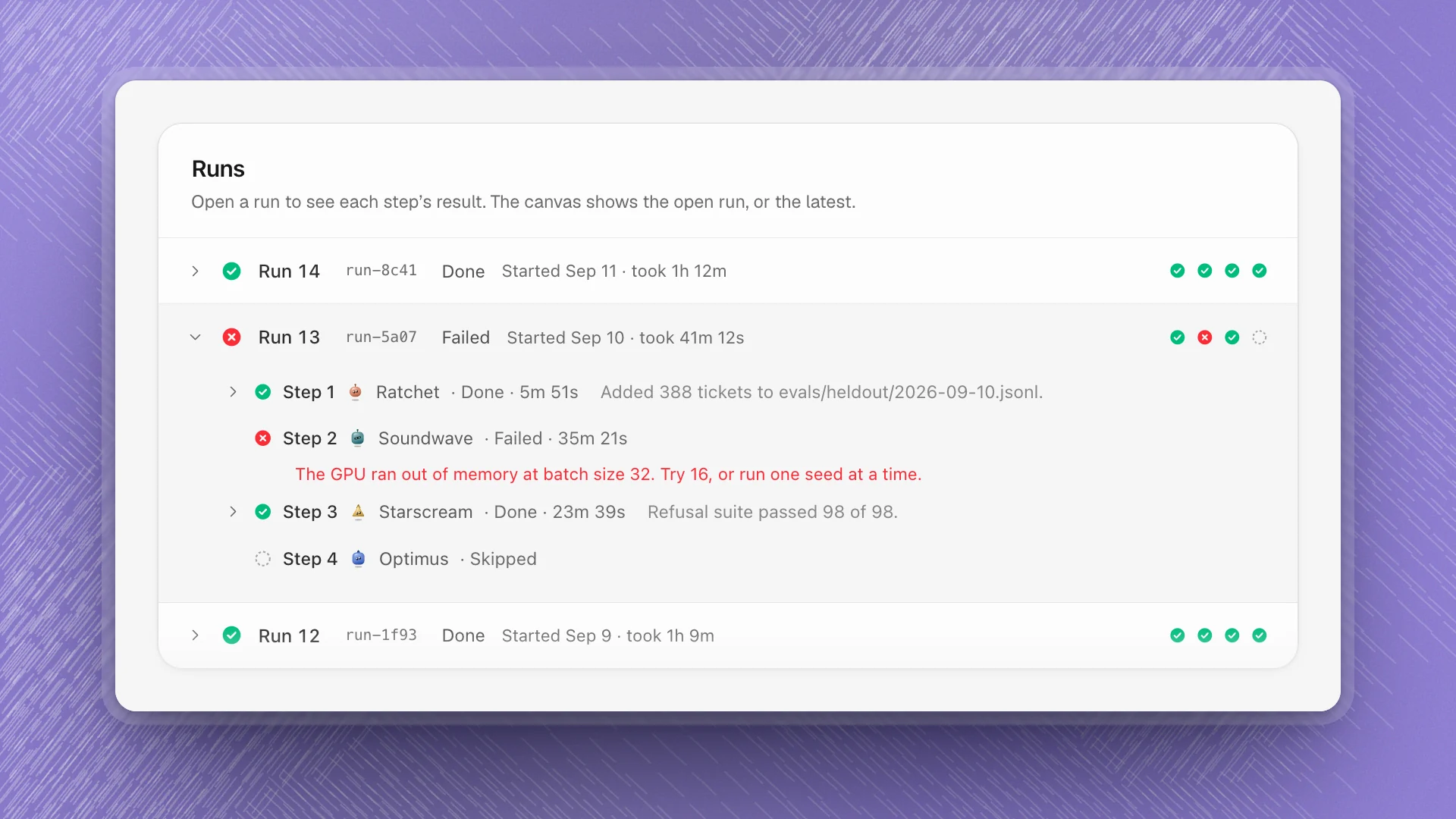 The Runs panel with three runs; the middle one is open and shows Step 2 failed with an out-of-memory error and Step 4 skipped