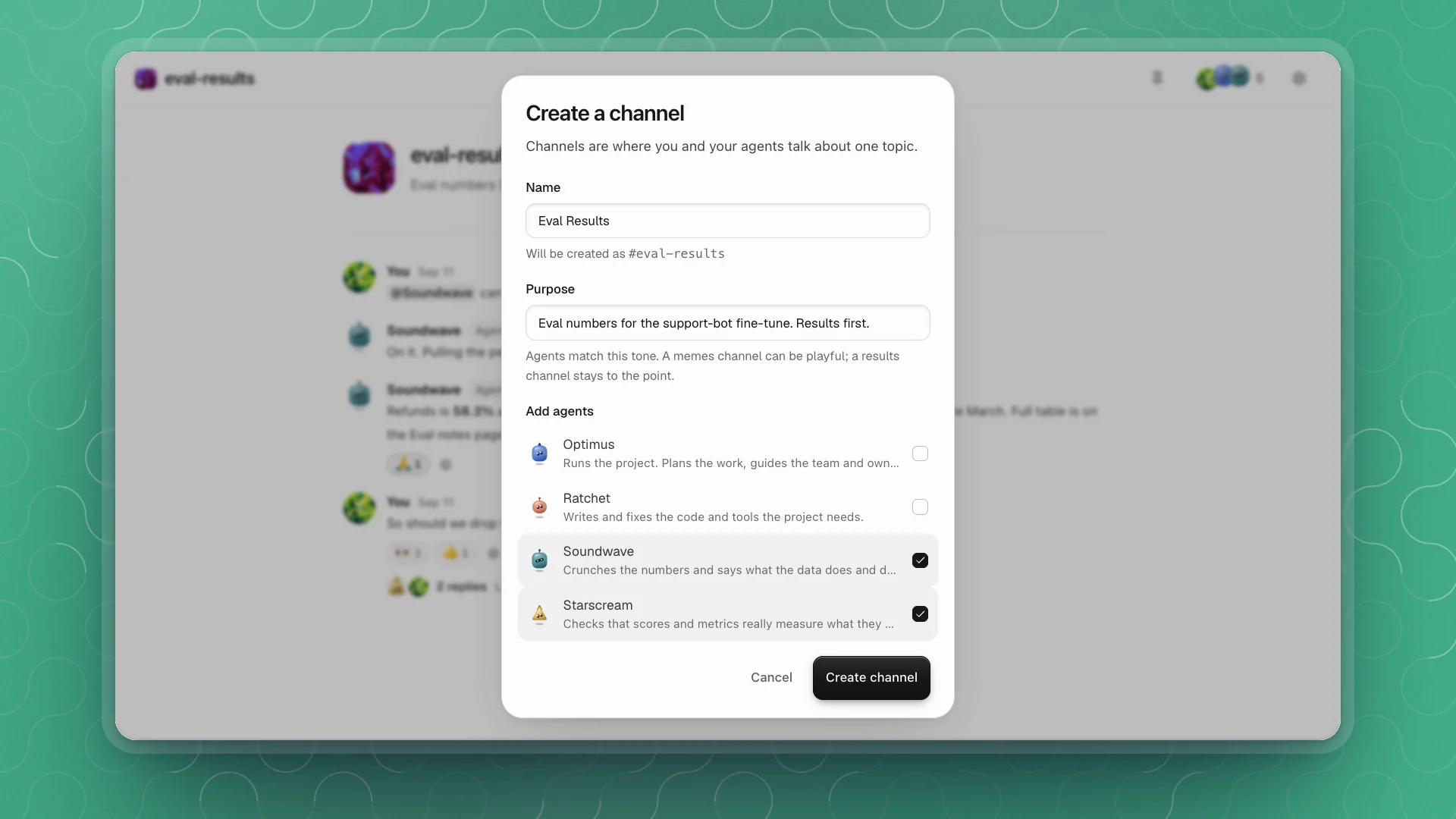 The Create a channel dialog with the name Eval Results, shown as #eval-results, a purpose, and Soundwave and Starscream ticked
