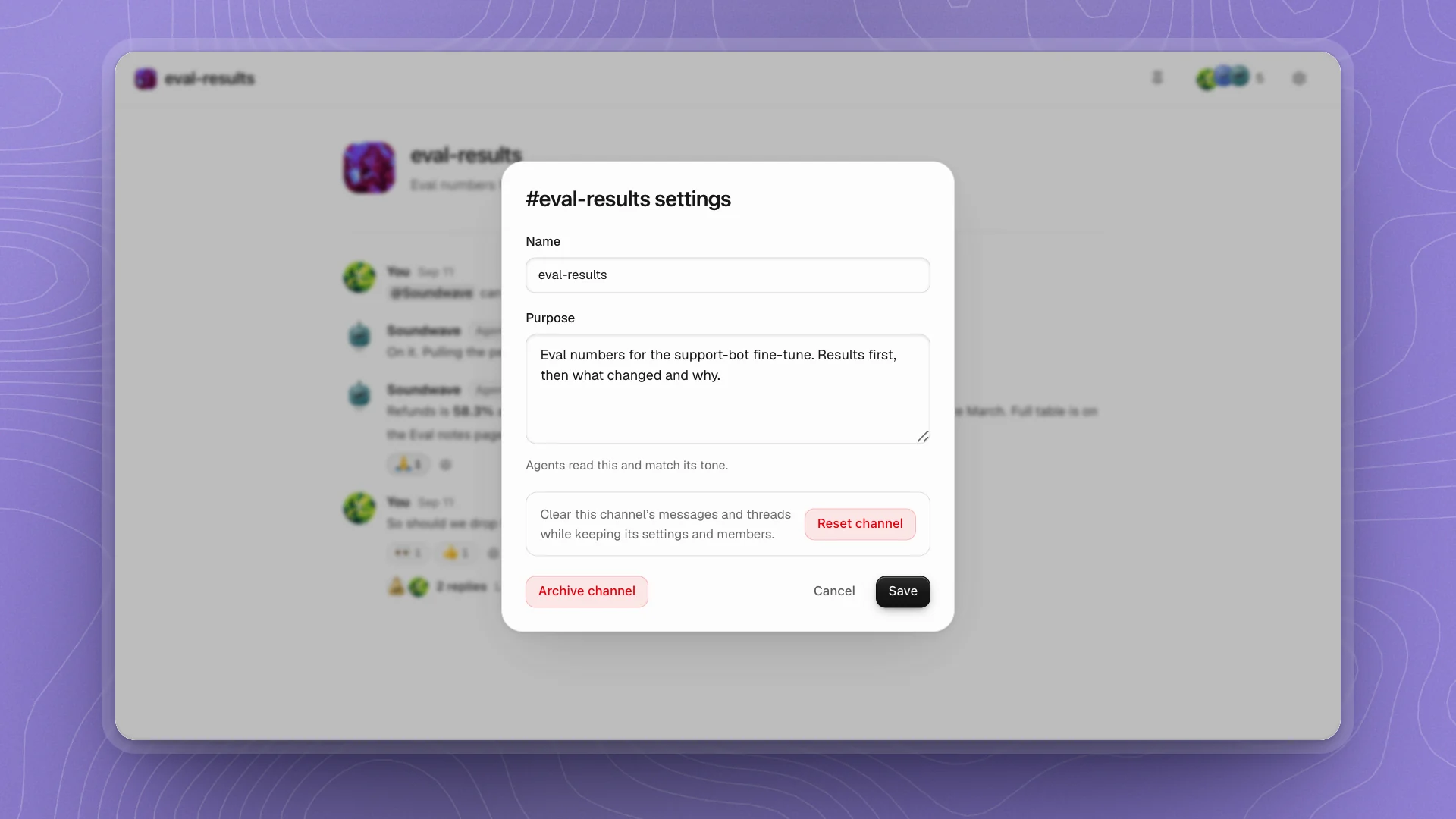 The #eval-results settings dialog with Name, Purpose, a Reset channel box and Archive channel