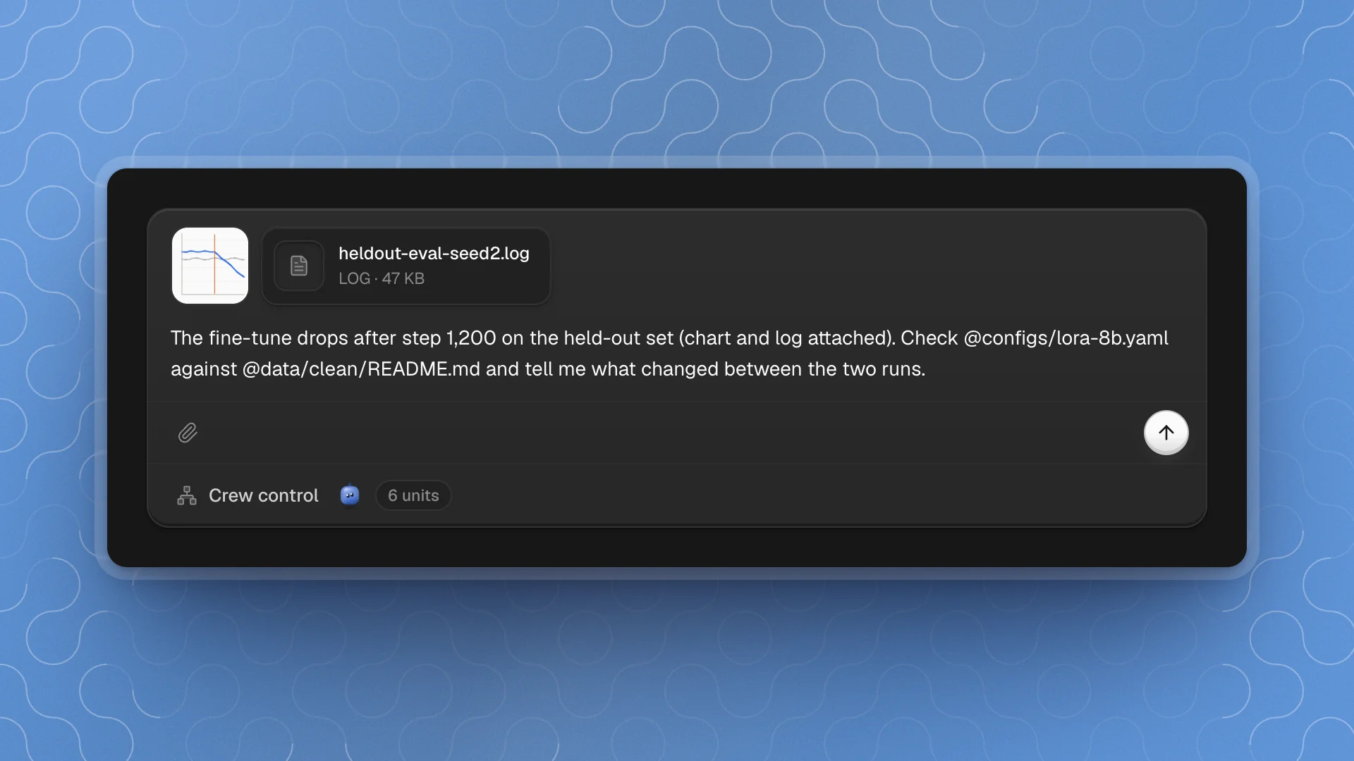 The composer with an eval chart screenshot and a log file in the attachment tray above a message