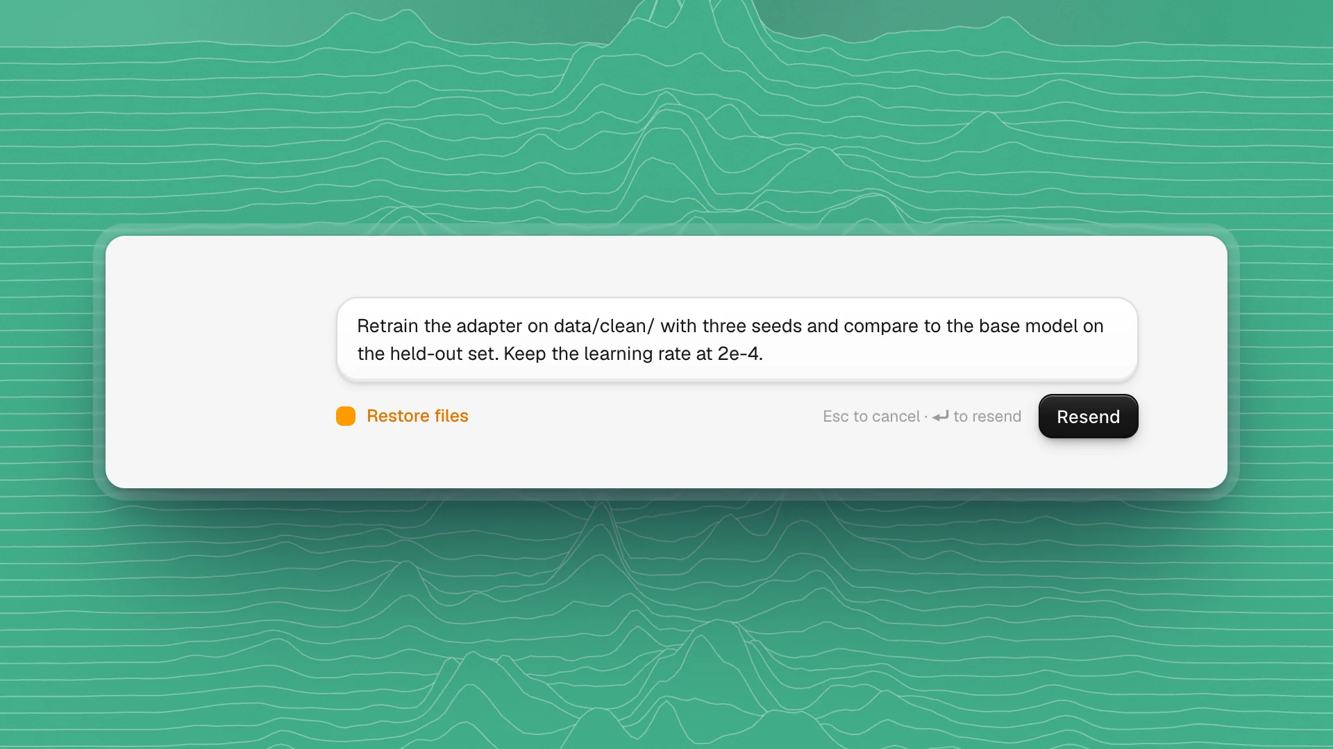 A sent message open for editing, with Restore files ticked, a hint reading Esc to cancel and Enter to resend, and a Resend button