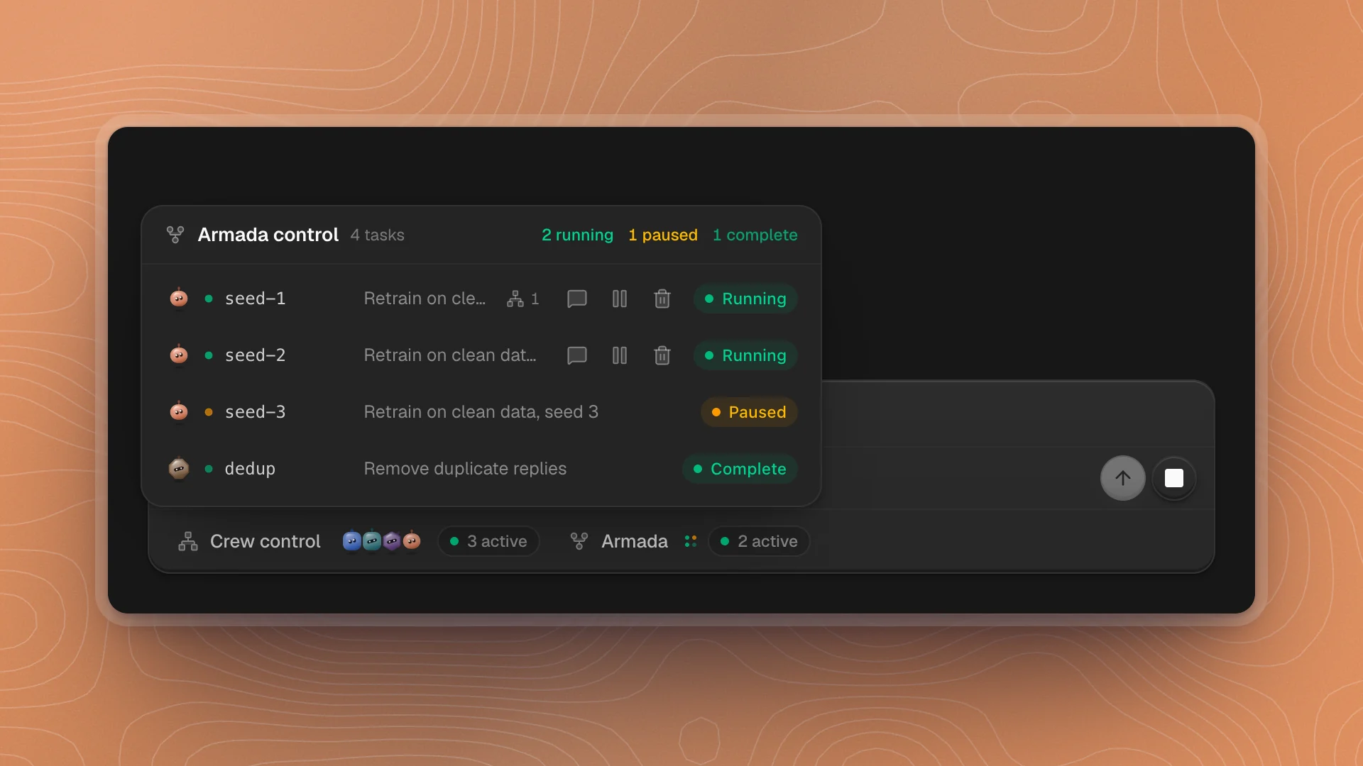 Armada control open above the composer, listing four tasks: two seeds Running with steer, pause and discard buttons, one seed Paused, and a dedup task Complete
