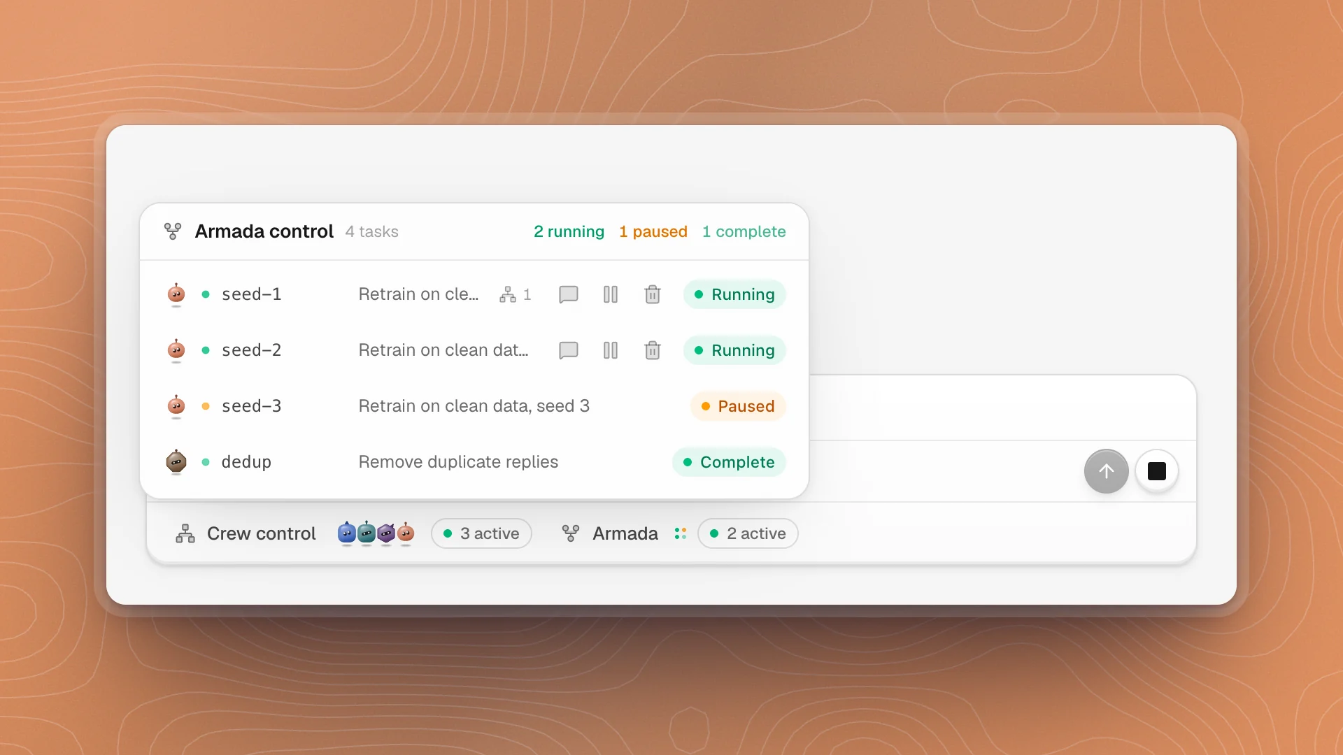Armada control open above the composer, listing four tasks: two seeds Running with steer, pause and discard buttons, one seed Paused, and a dedup task Complete