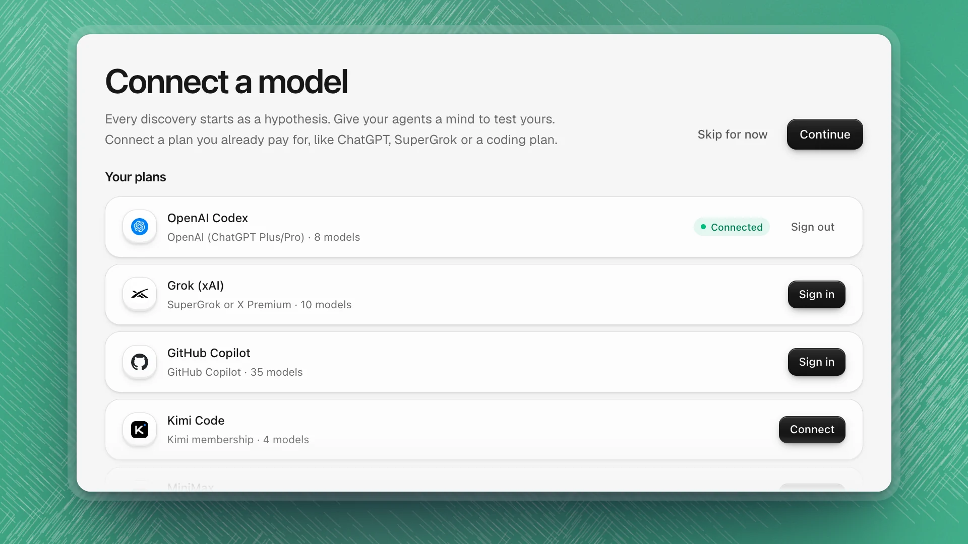 The Connect a model step with Your plans: OpenAI Codex connected, Grok and GitHub Copilot with Sign in, Kimi Code with Connect