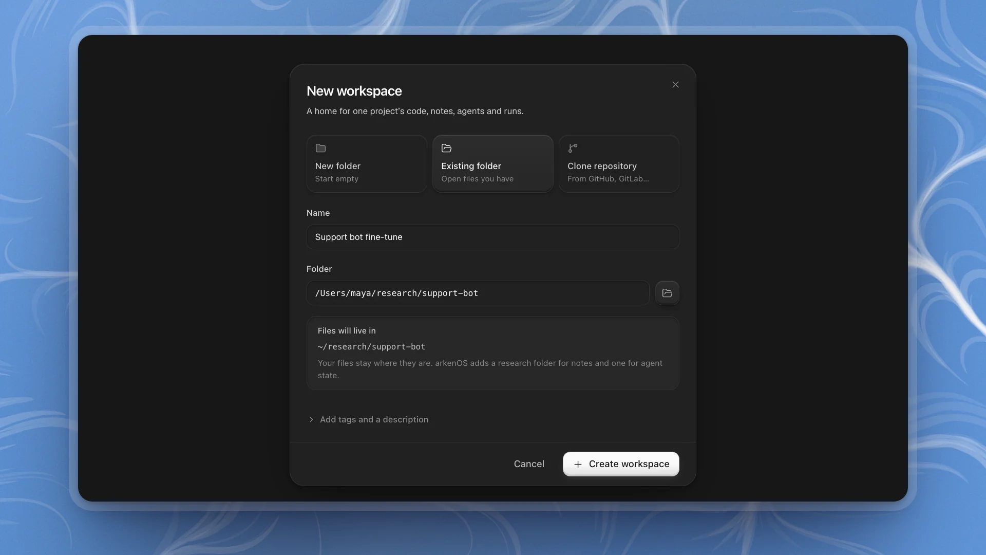 The New workspace dialog on Existing folder, named Support bot fine-tune, with the folder path and where files will live