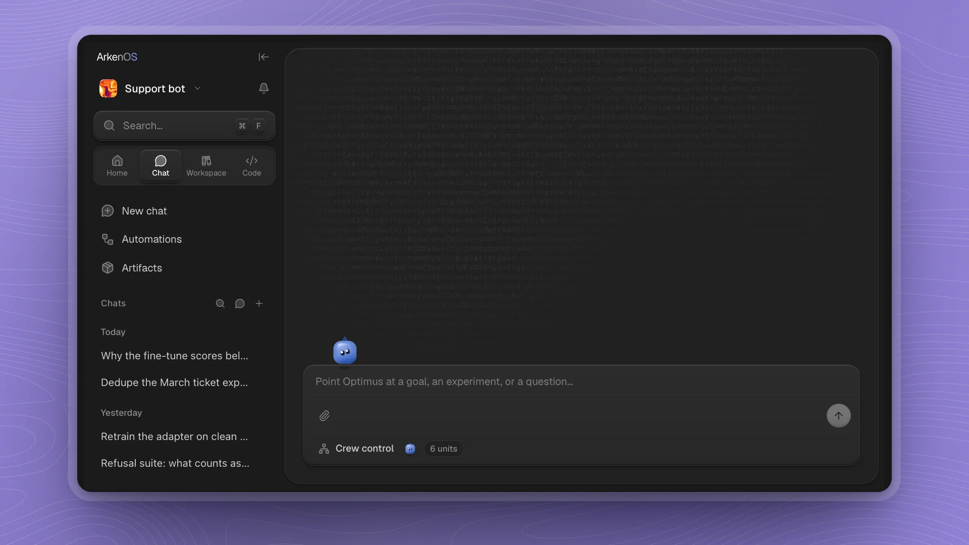 A workspace: the sidebar with the workspace name, Search, the Home, Chat, Workspace and Code tabs, New chat, Automations and Artifacts, and recent chats, beside a fresh chat with Optimus