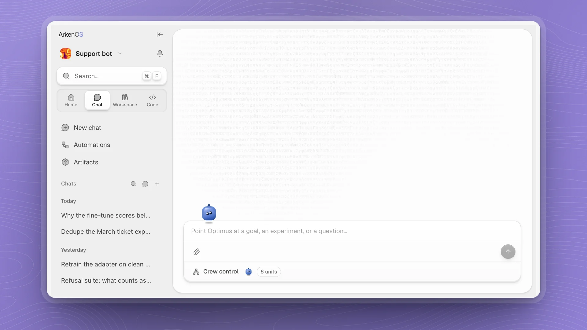 A workspace: the sidebar with the workspace name, Search, the Home, Chat, Workspace and Code tabs, New chat, Automations and Artifacts, and recent chats, beside a fresh chat with Optimus