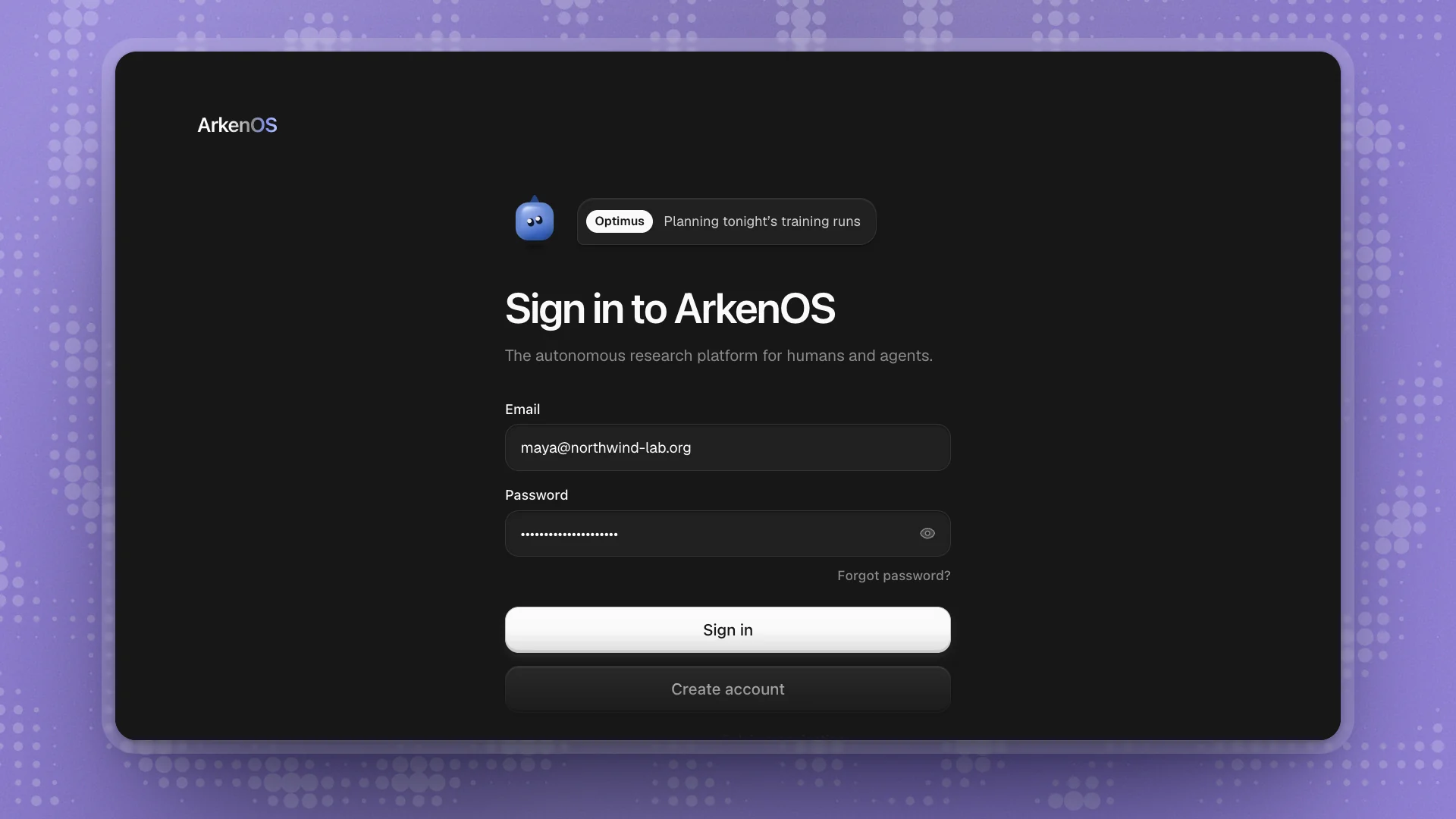 The ArkenOS sign-in screen with Email, Password, Forgot password? and Sign in