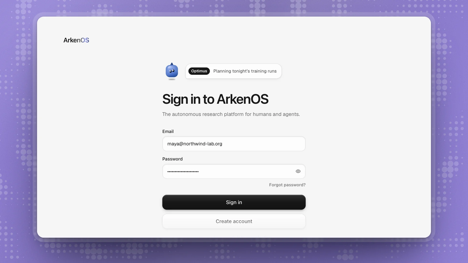 The ArkenOS sign-in screen with Email, Password, Forgot password? and Sign in