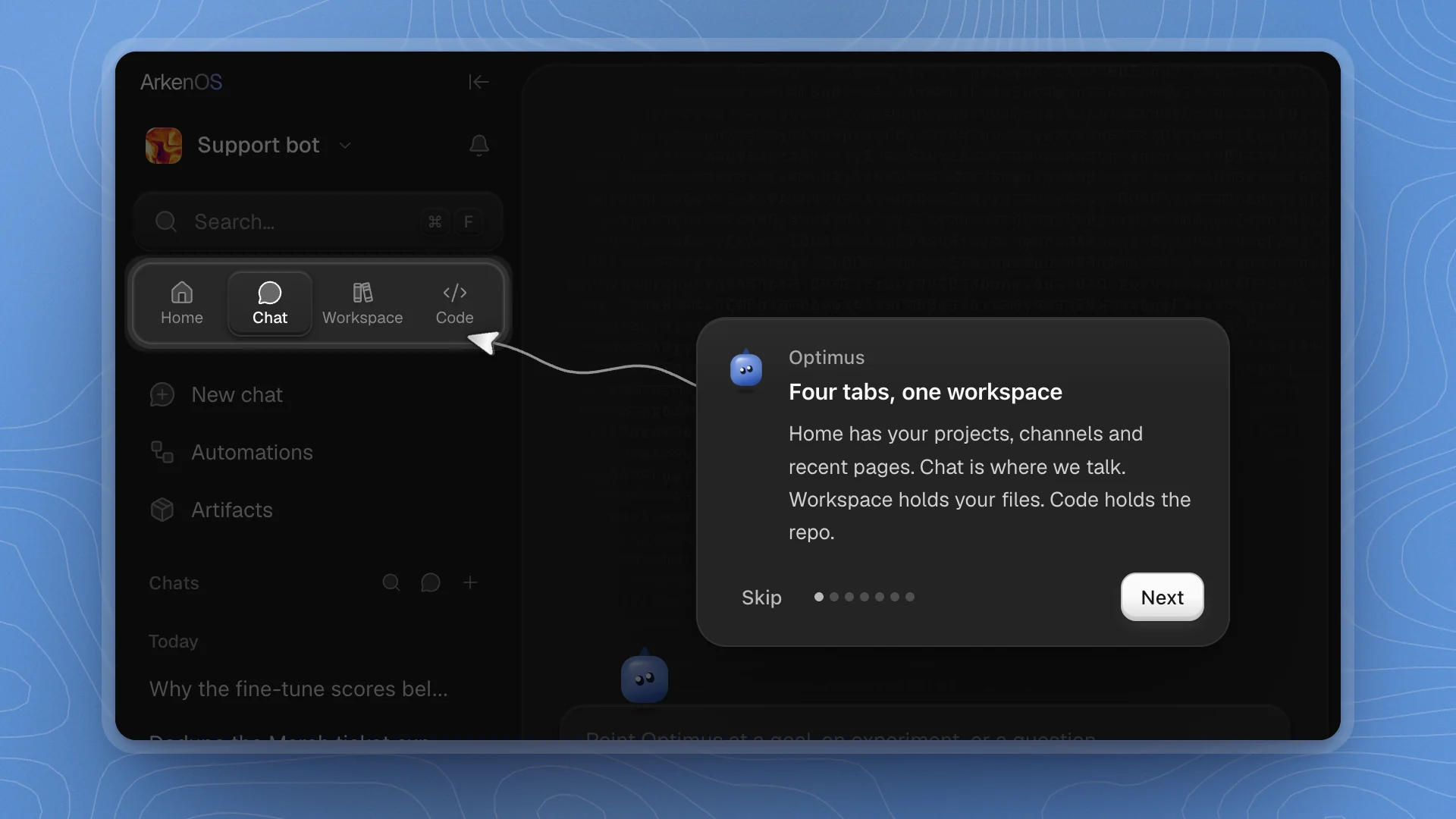 Optimus's card titled Four tabs, one workspace, with a line to the sidebar tabs, Skip and Next