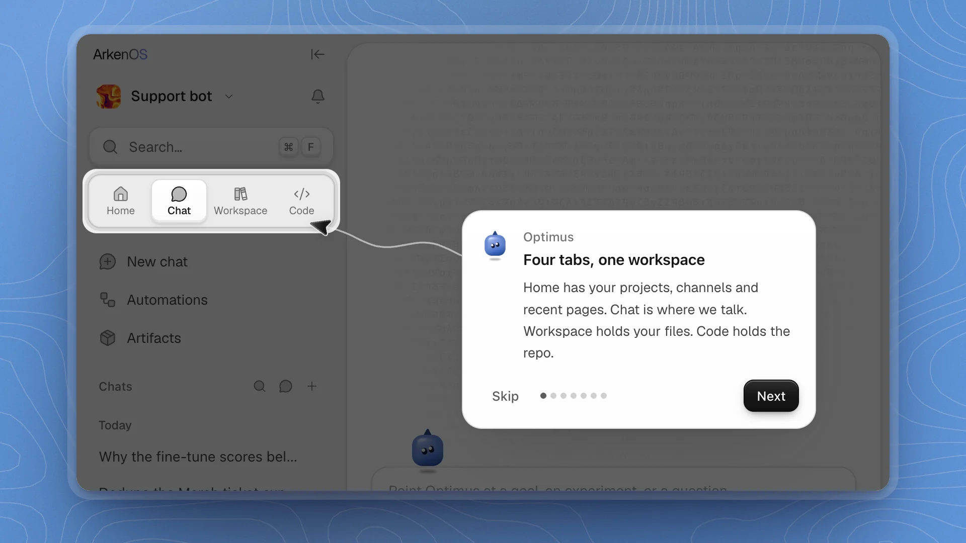 Optimus's card titled Four tabs, one workspace, with a line to the sidebar tabs, Skip and Next