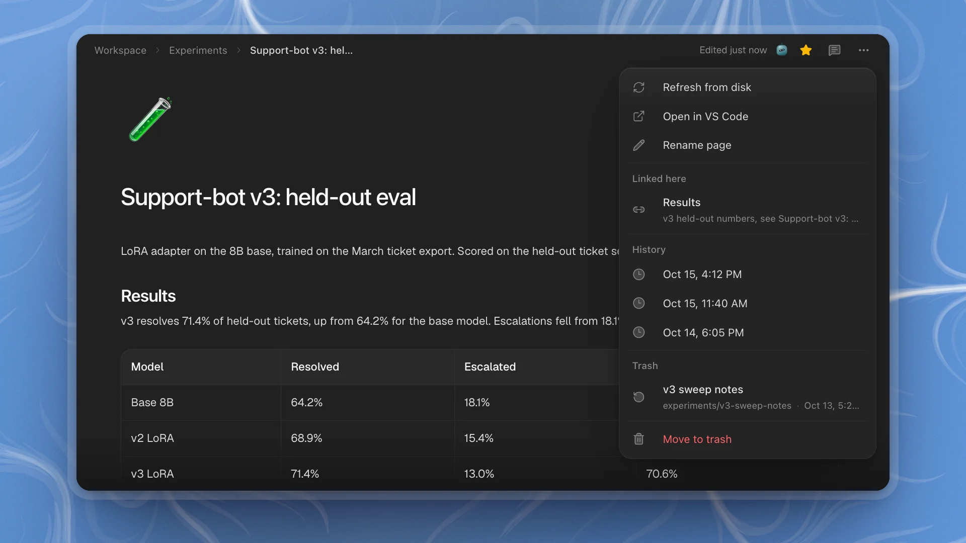 The page's ⋯ menu open with Refresh from disk, Open in VS Code, Rename page, one Linked here entry, three saved versions under History, one page under Trash, and Move to trash