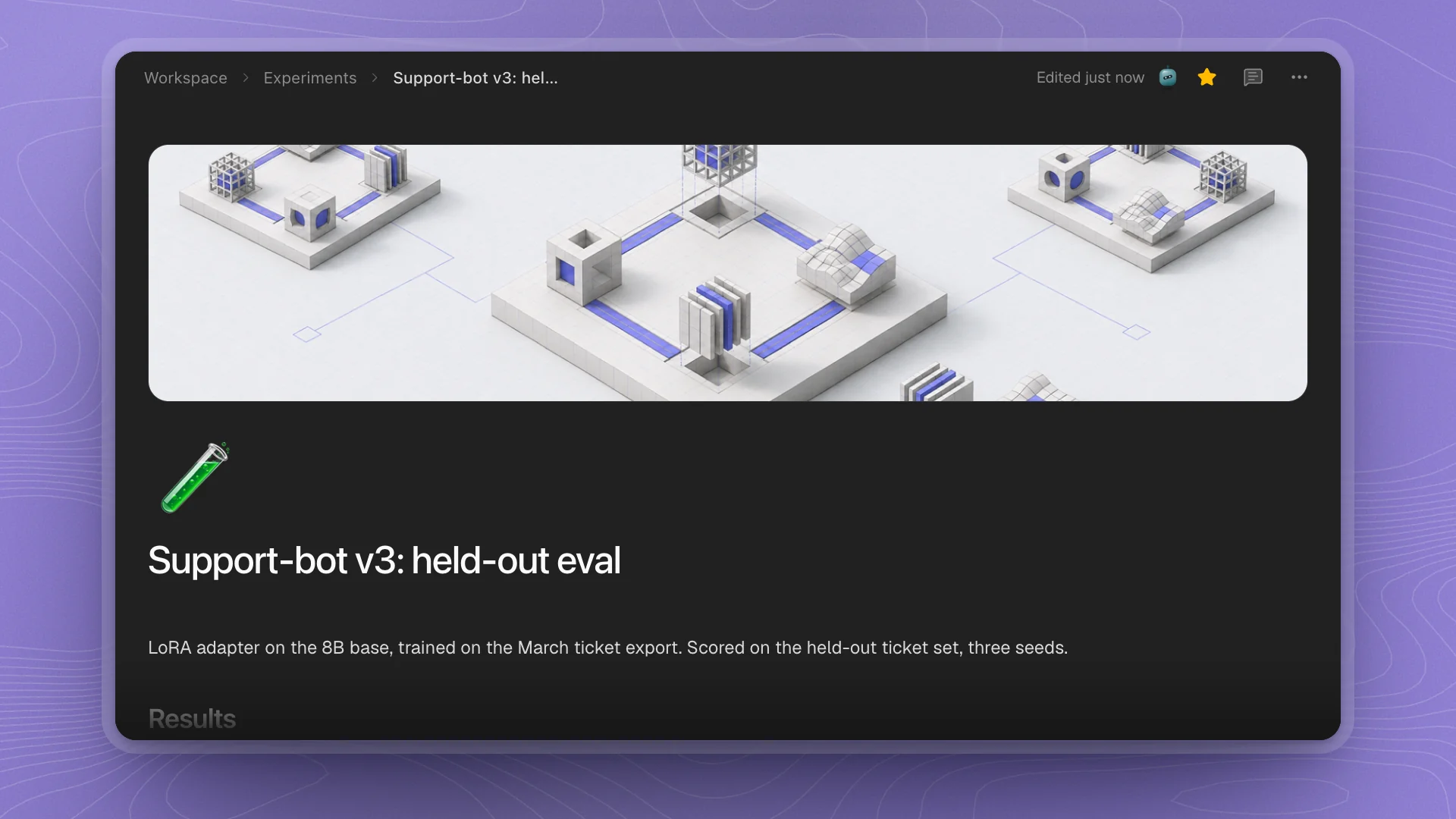 A page with a wide cover image across the top, a test-tube icon and the title Support-bot v3: held-out eval