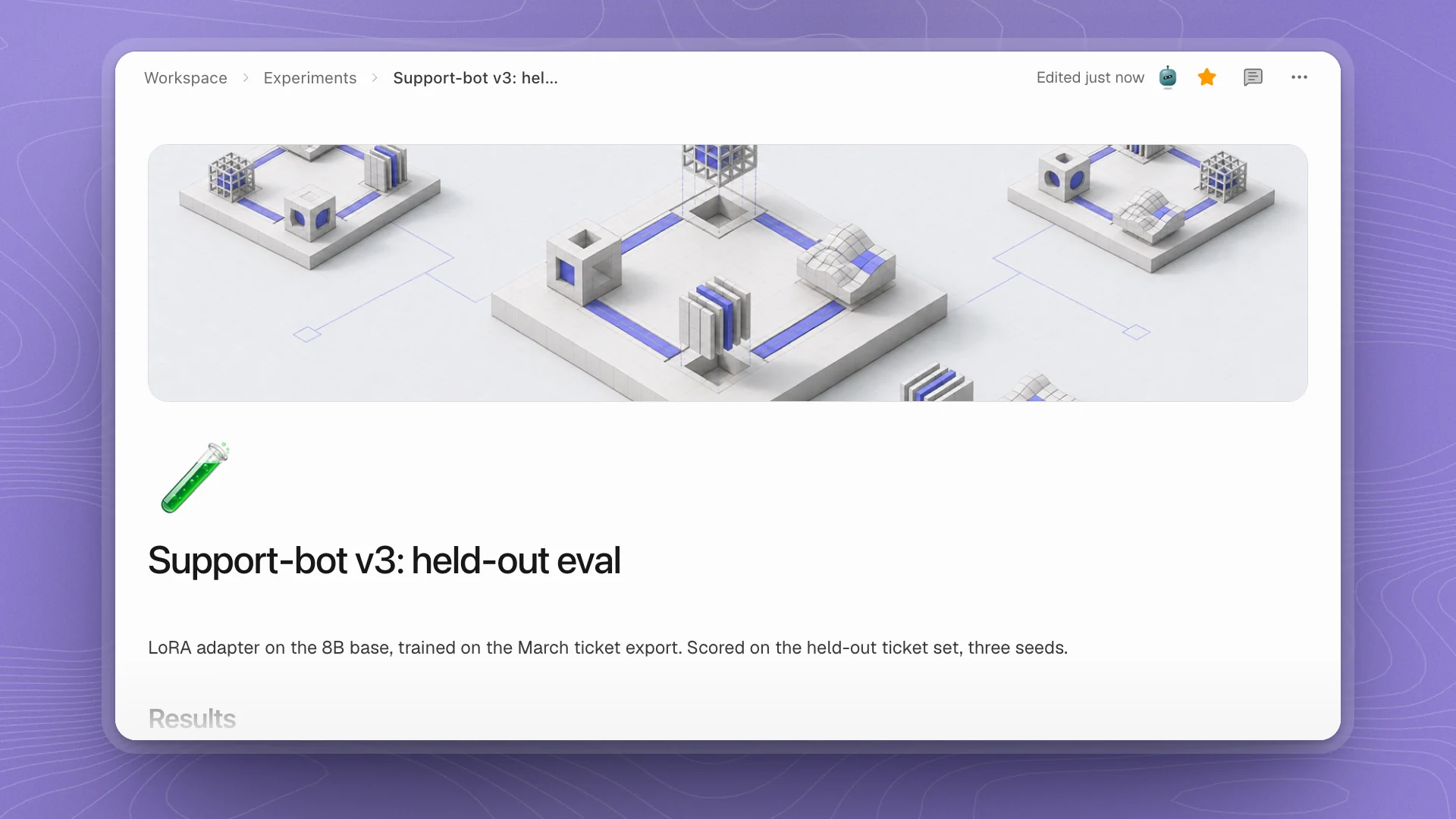 A page with a wide cover image across the top, a test-tube icon and the title Support-bot v3: held-out eval