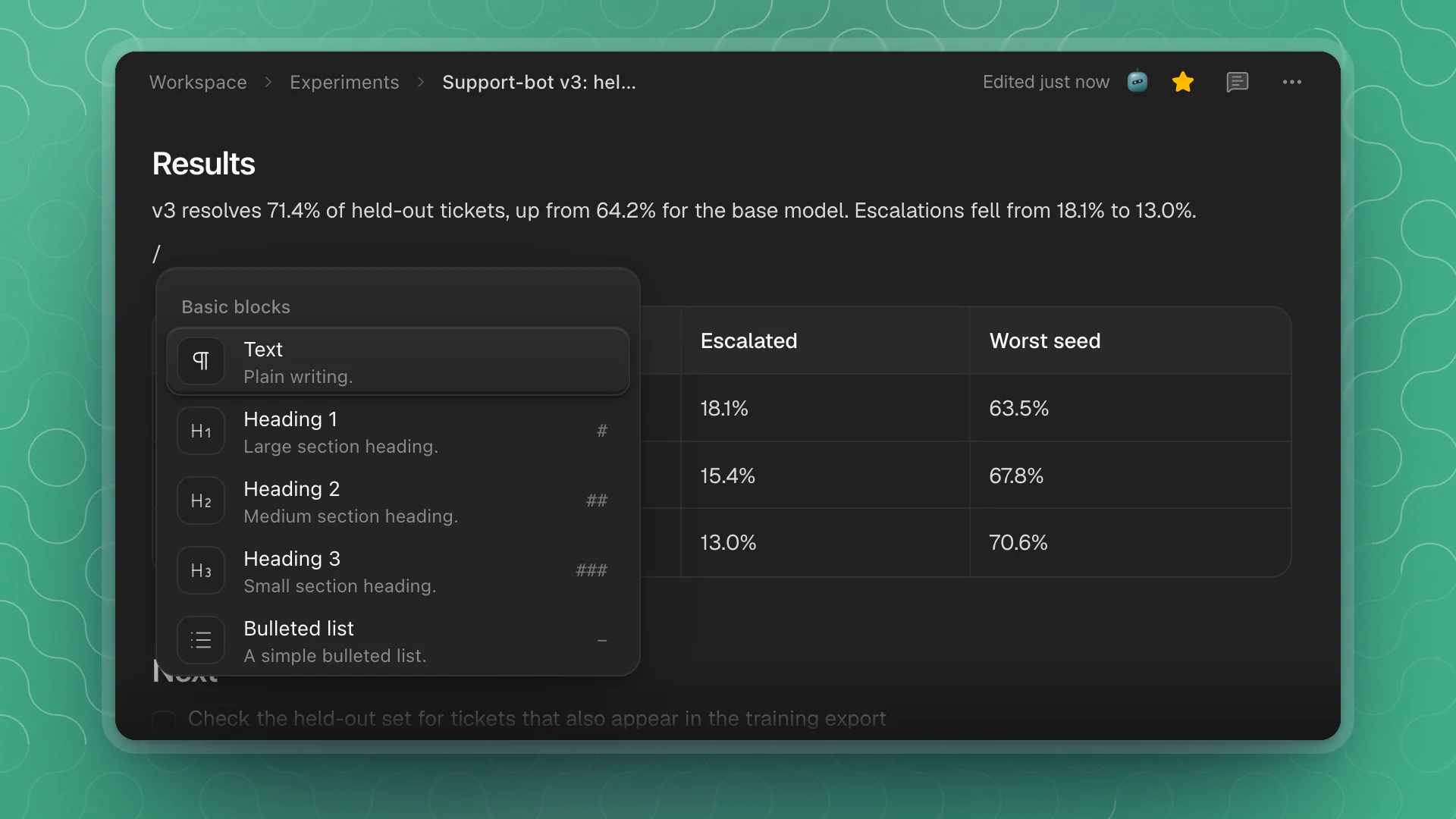 The block menu open under a slash on a new line, listing Text, Heading 1, Heading 2, Heading 3 and Bulleted list