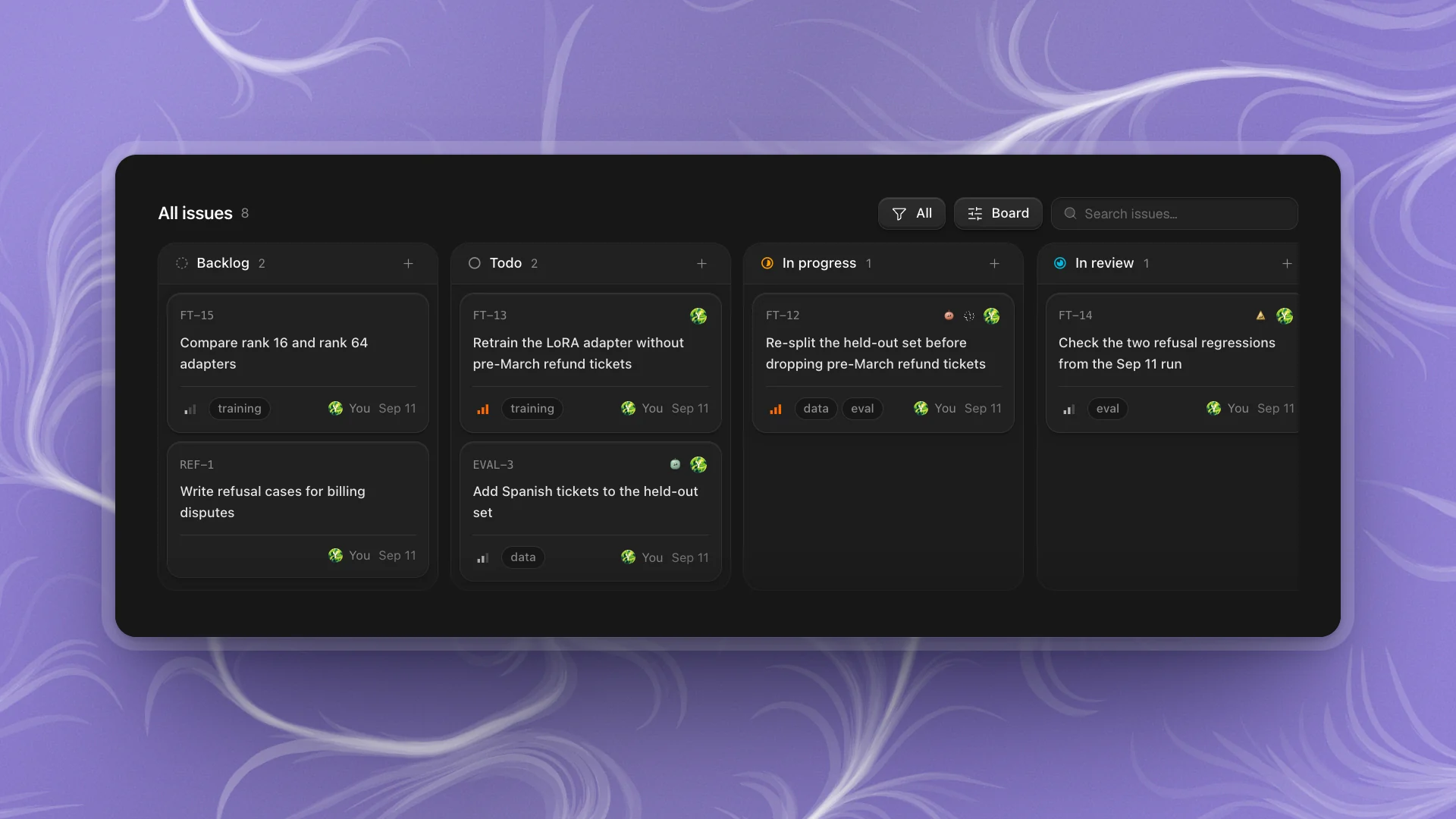 All issues as a board with Backlog, Todo, In progress and In review lanes, and the All, Board and Search issues controls above