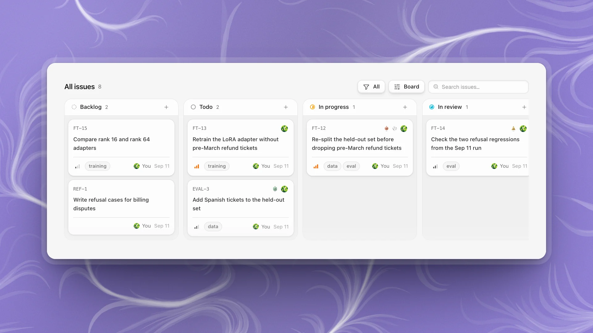 All issues as a board with Backlog, Todo, In progress and In review lanes, and the All, Board and Search issues controls above