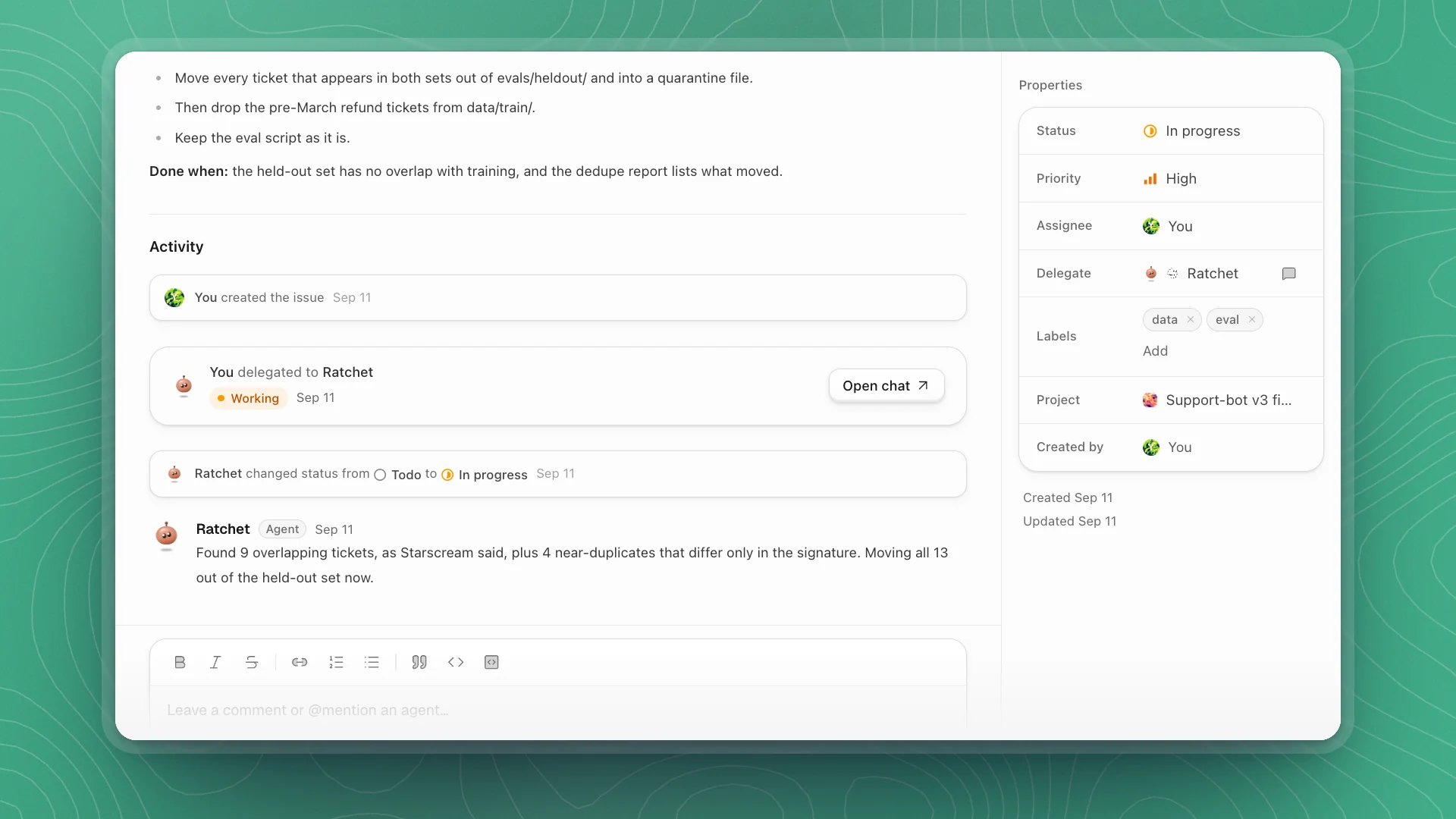 Issue FT-12 open on its Activity: You delegated to Ratchet, Working, with an Open chat button, then Ratchet moved it to In progress and posted an update. Properties show Assignee You and Delegate Ratchet