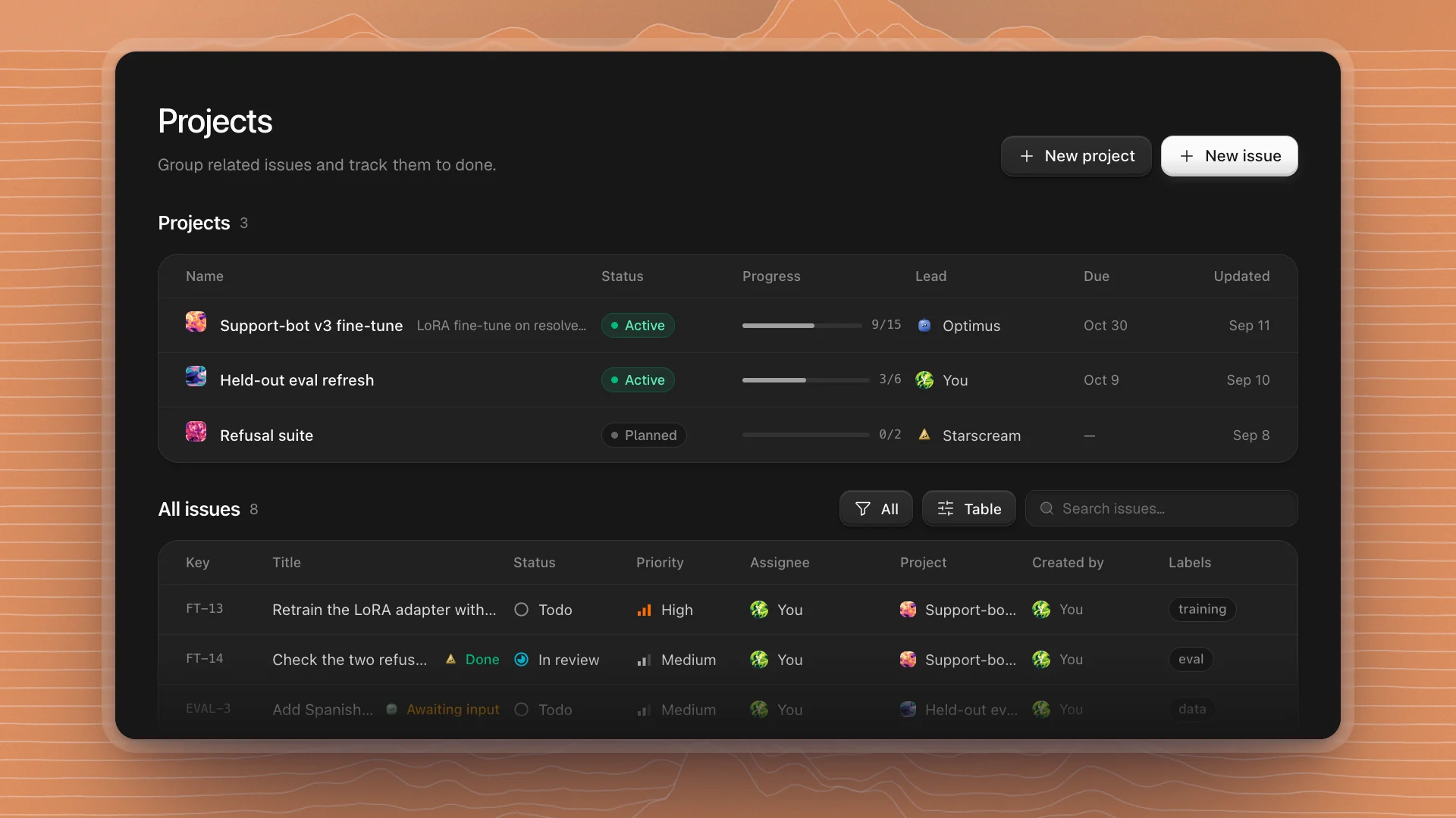 The Projects page: New project and New issue buttons, three projects with status, progress, lead and due date, and the All issues table below