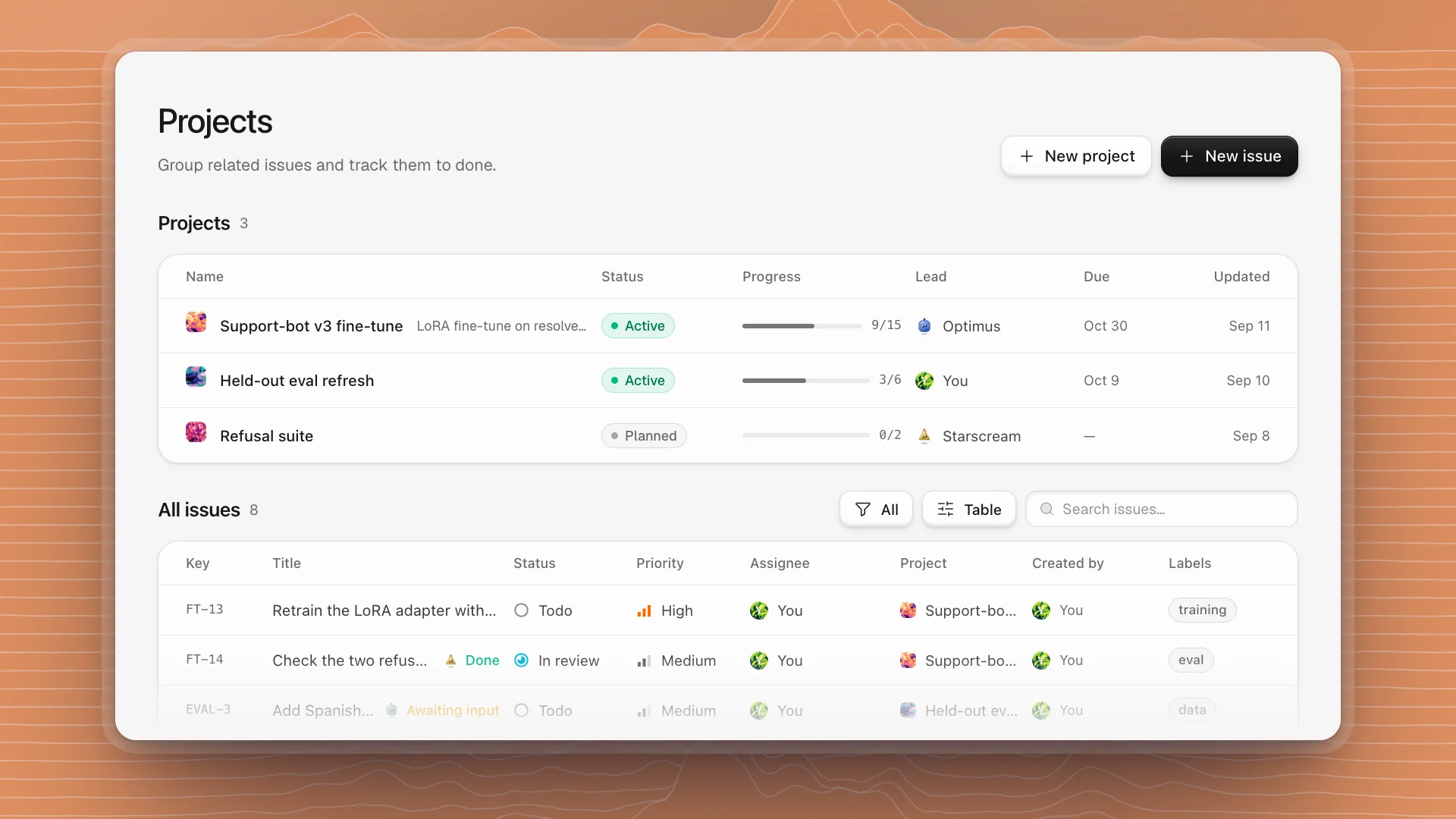 The Projects page: New project and New issue buttons, three projects with status, progress, lead and due date, and the All issues table below