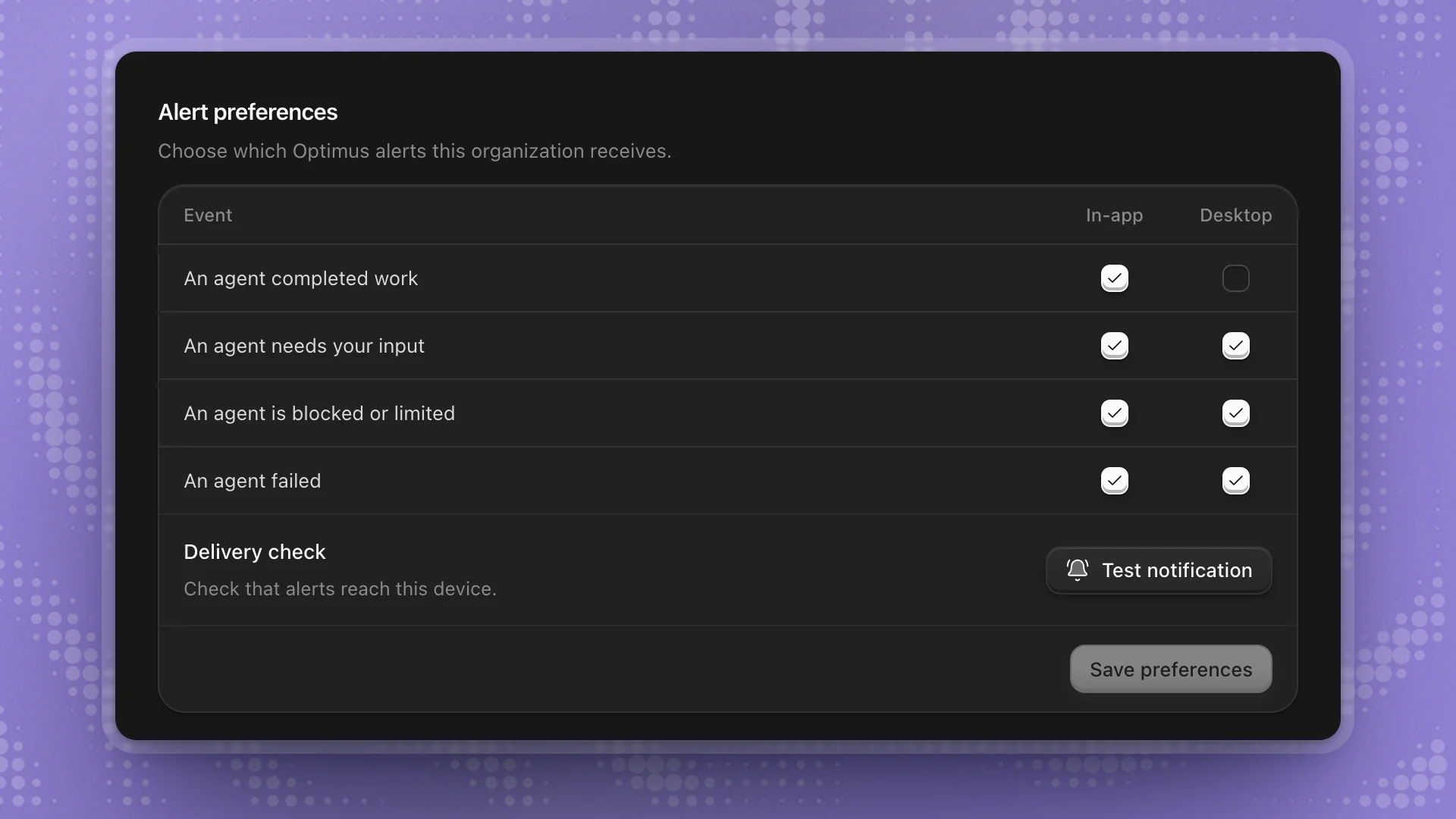 Alert preferences: four agent events with In-app and Desktop checkboxes, Test notification and Save preferences