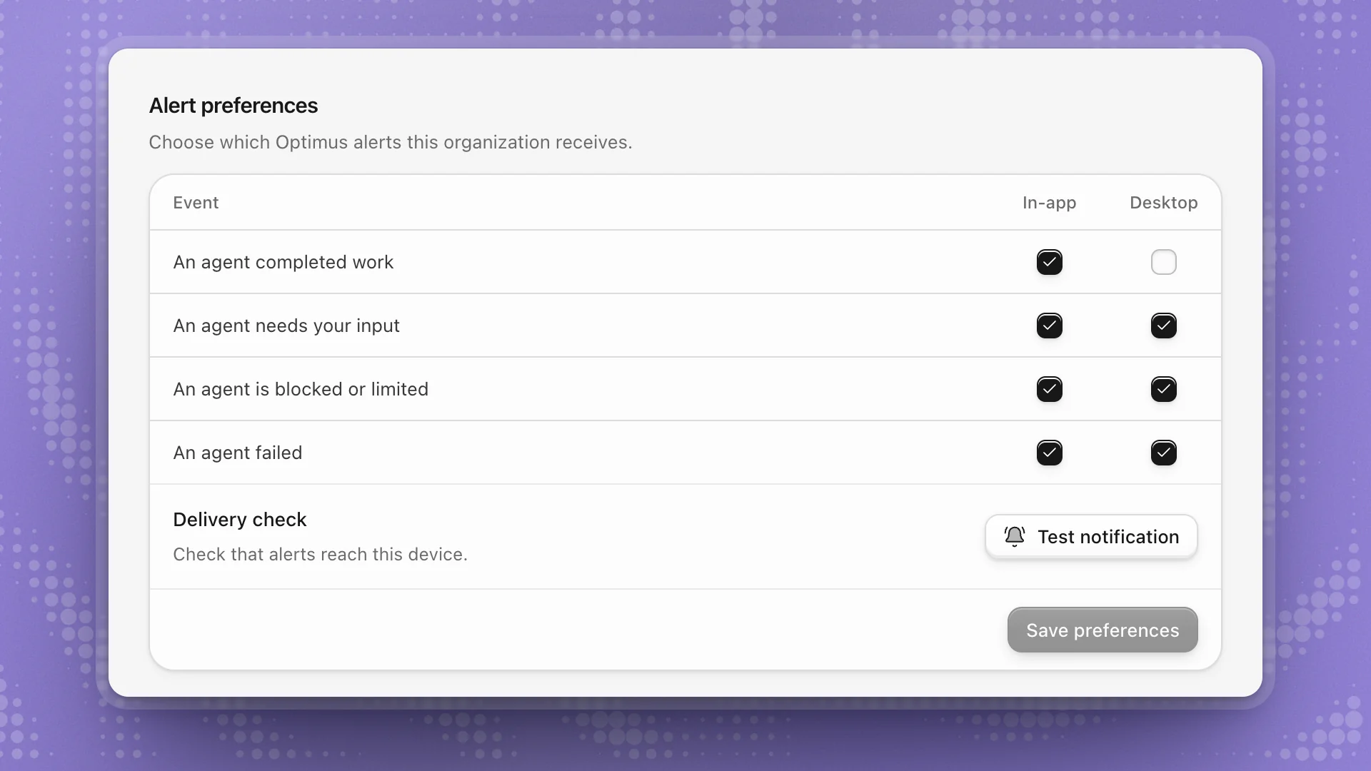 Alert preferences: four agent events with In-app and Desktop checkboxes, Test notification and Save preferences