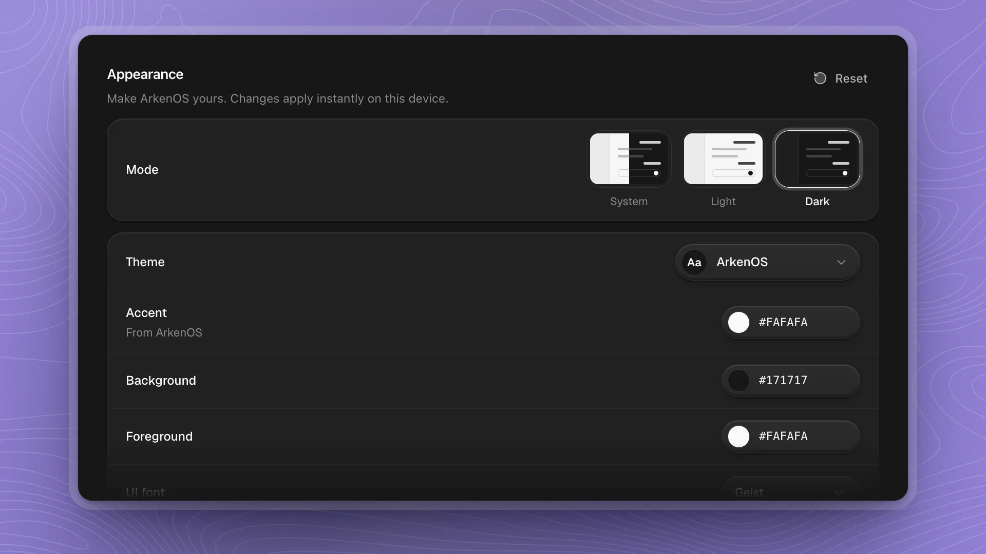 Appearance settings: Mode tiles for System, Light and Dark, then Theme set to ArkenOS with its Accent, Background and Foreground colours