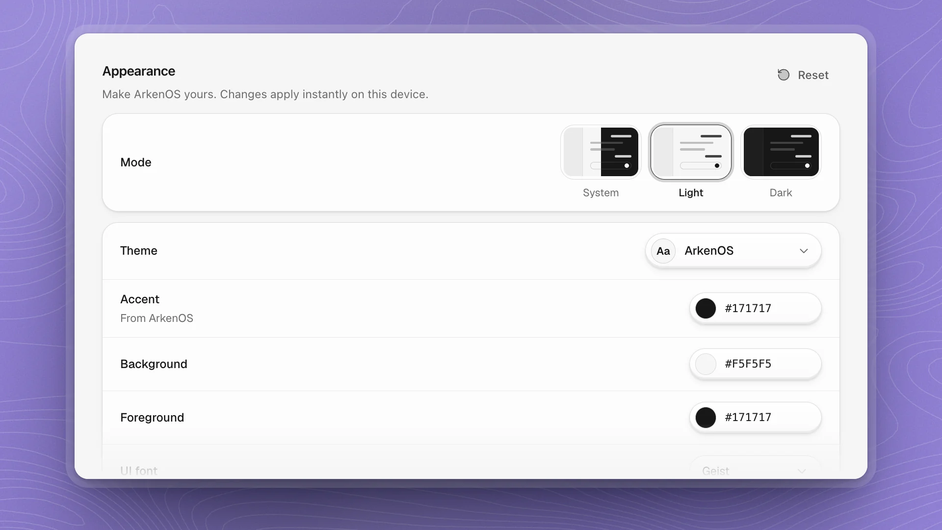 Appearance settings: Mode tiles for System, Light and Dark, then Theme set to ArkenOS with its Accent, Background and Foreground colours