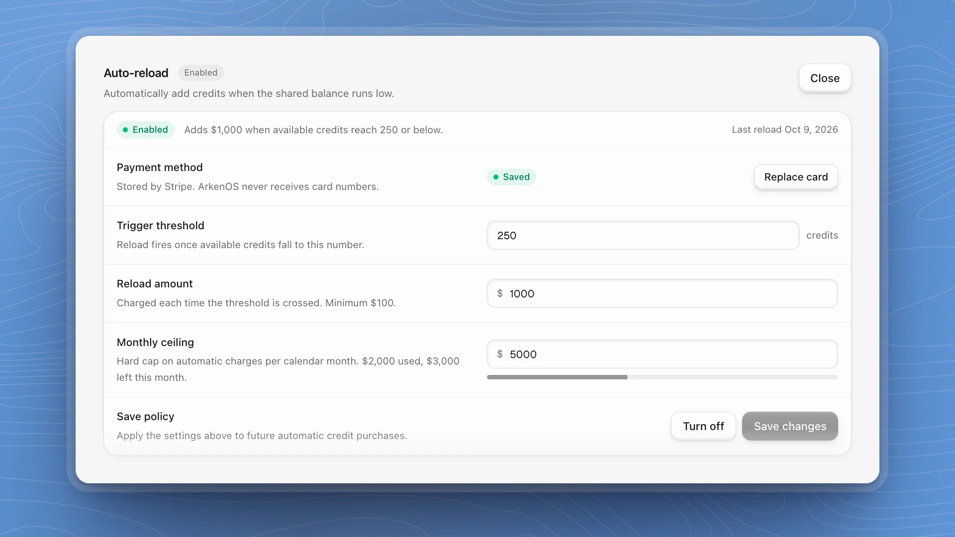 Auto-reload enabled: adds $1,000 when credits reach 250, a saved payment method, trigger threshold, reload amount and a $5,000 monthly ceiling