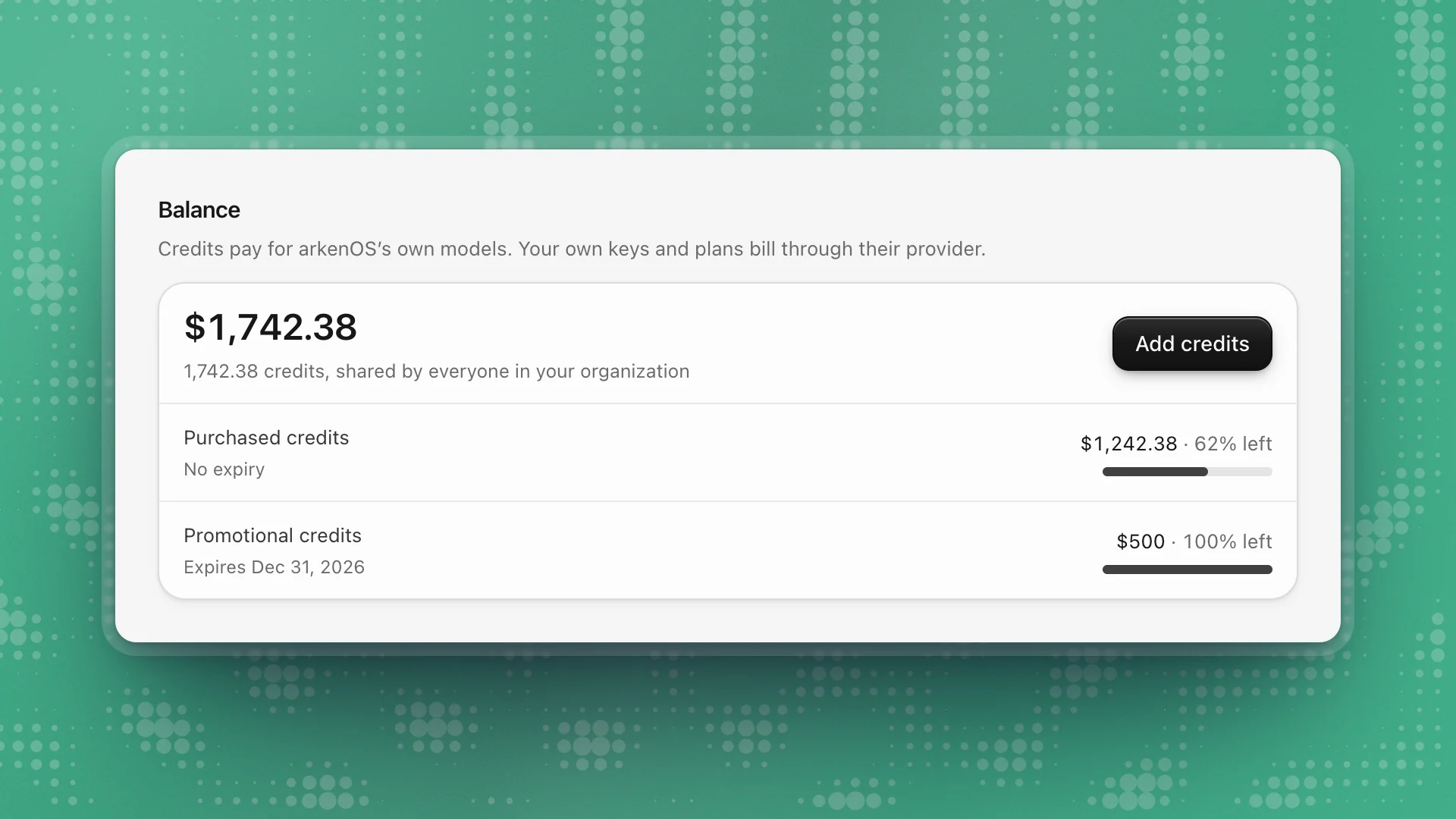 Balance: $1,742.38 in credits shared by the organization, with purchased credits 62% left and promotional credits expiring Dec 31, 2026