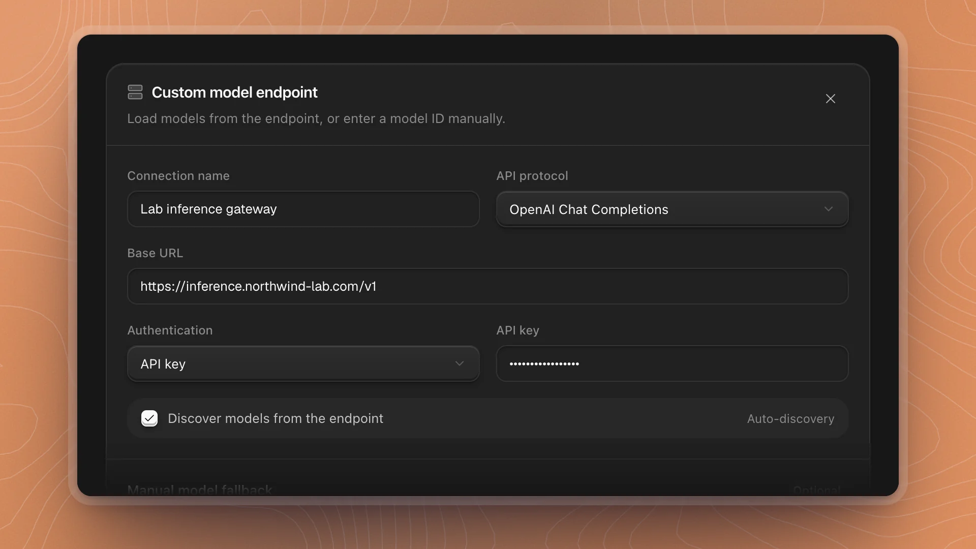 The Custom model endpoint form filled in for a lab inference gateway: connection name, OpenAI Chat Completions protocol, base URL, API key, and model discovery on