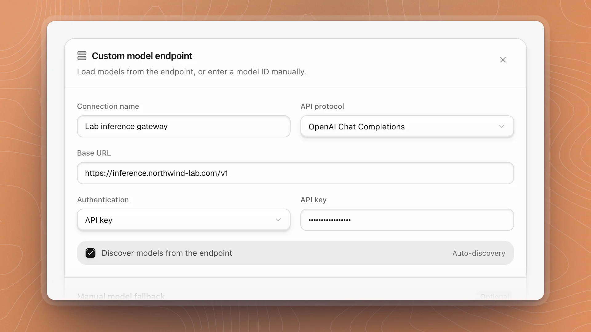 The Custom model endpoint form filled in for a lab inference gateway: connection name, OpenAI Chat Completions protocol, base URL, API key, and model discovery on