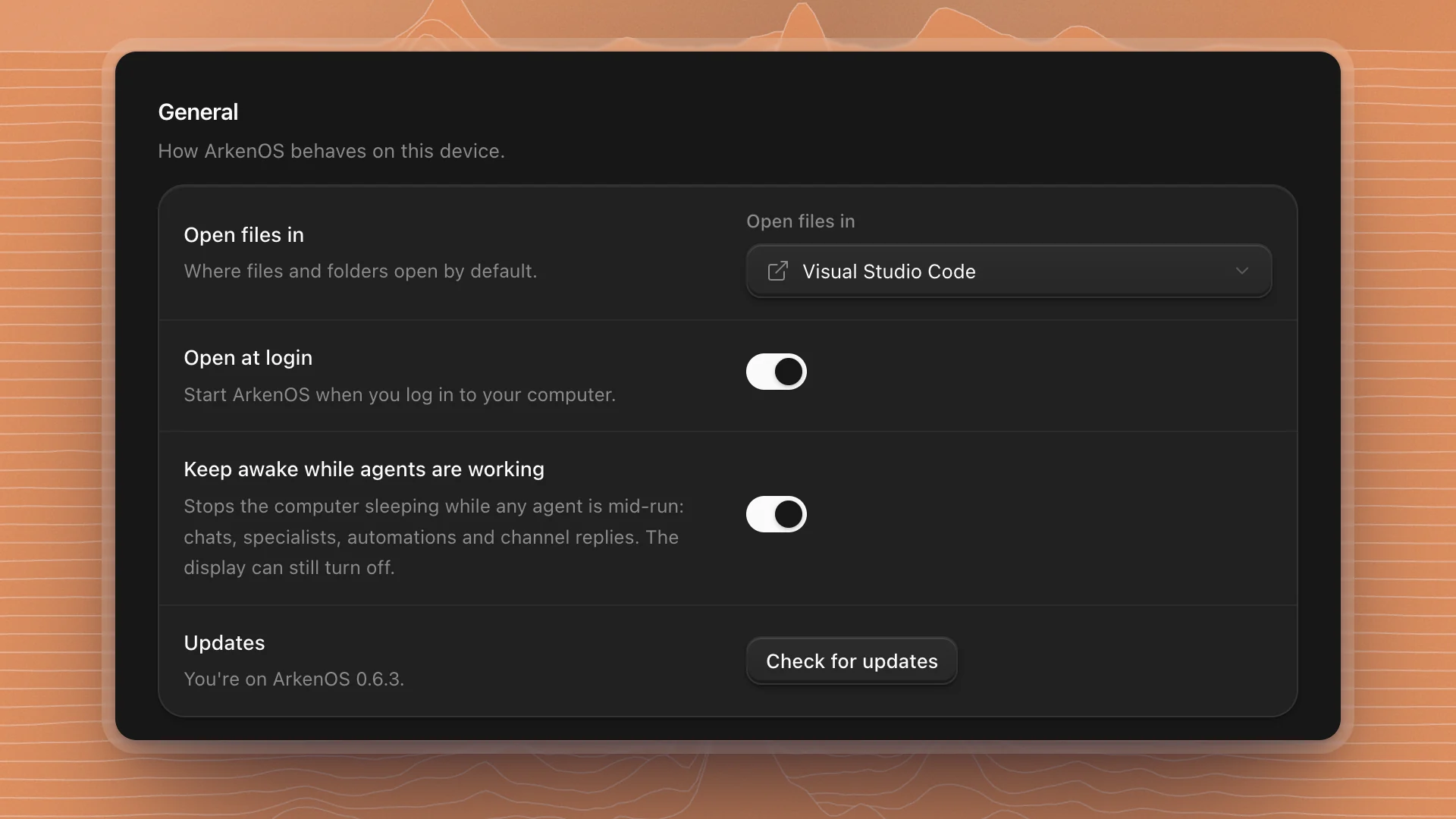 General settings: Open files in Visual Studio Code, Open at login on, Keep awake while agents are working on, and Updates
