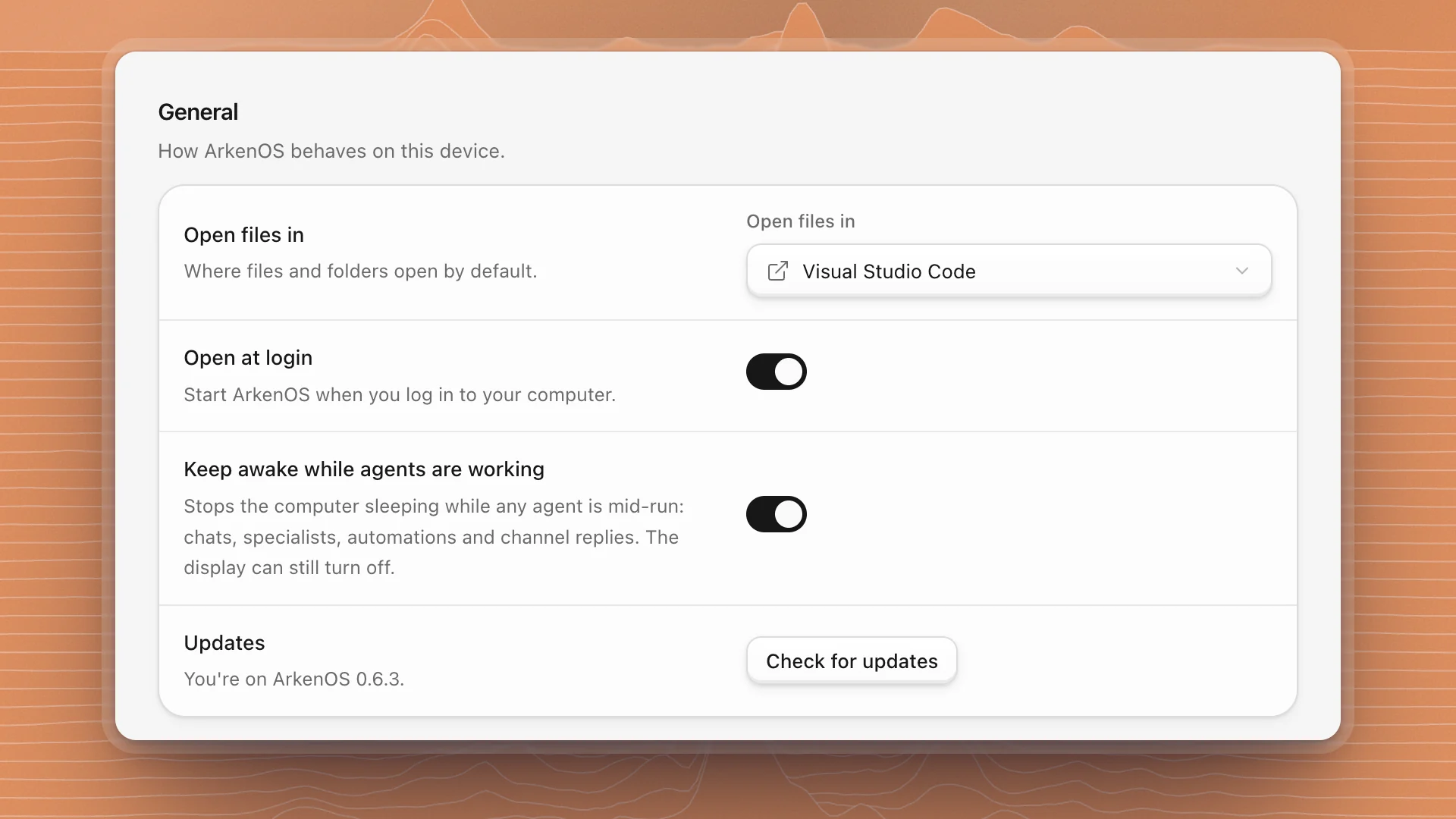 General settings: Open files in Visual Studio Code, Open at login on, Keep awake while agents are working on, and Updates
