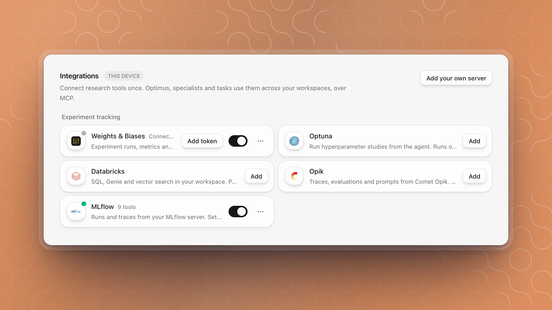 The Experiment tracking group in Integrations: MLflow connected with 9 tools, Weights & Biases waiting for a token, Optuna, Databricks and Opik ready to add
