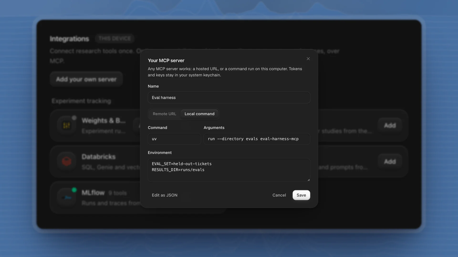 The Your MCP server dialog set to Local command: command uv, arguments to run an eval harness server, and two environment values