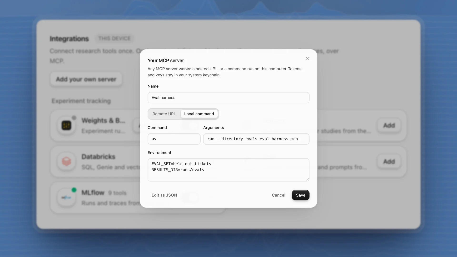 The Your MCP server dialog set to Local command: command uv, arguments to run an eval harness server, and two environment values