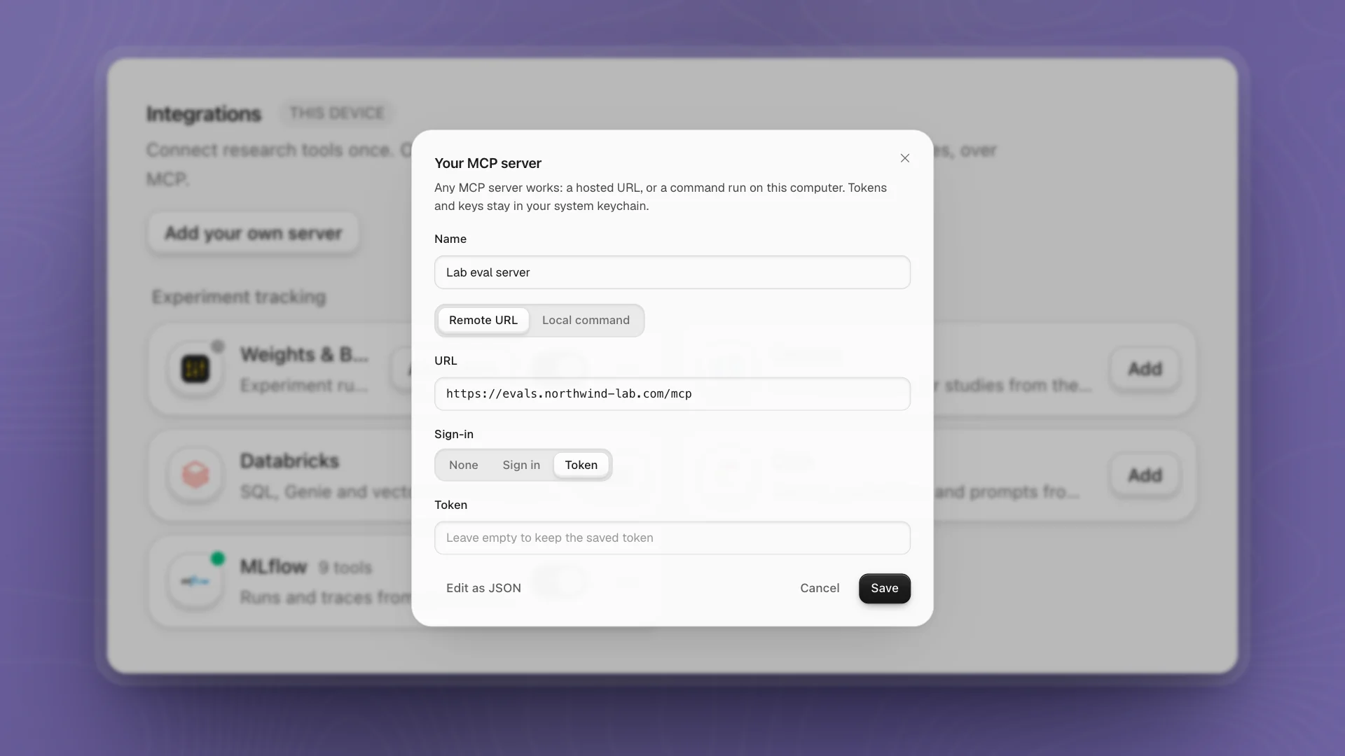 The Your MCP server dialog for a remote server named Lab eval server, with its URL and Token sign-in