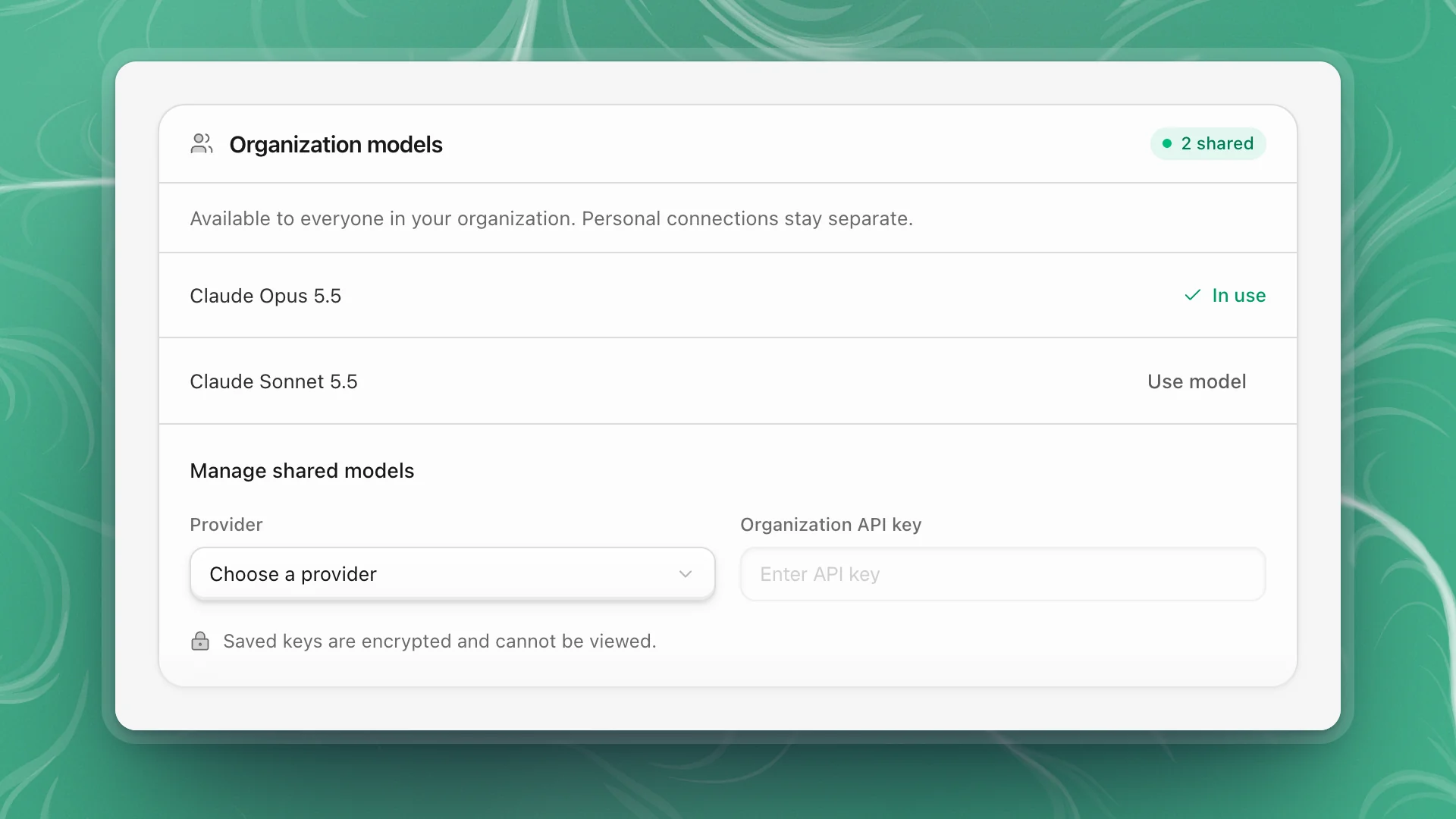 The Organization models card: two shared Anthropic models, one marked In use, and Manage shared models with a provider picker and an organization API key field