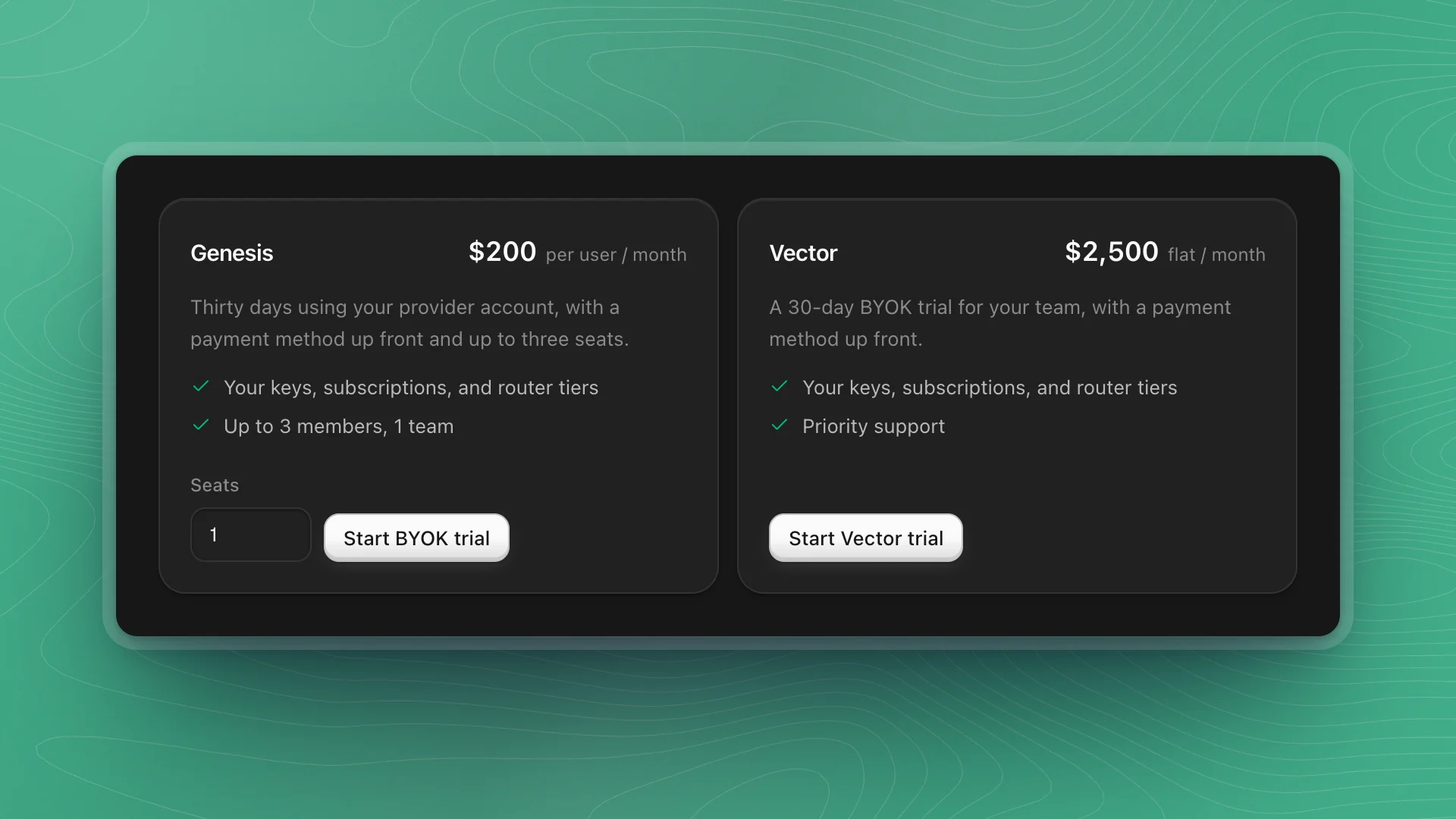 Genesis at $200 per user per month with a seat count and Start BYOK trial, beside Vector at $2,500 flat per month with Start Vector trial