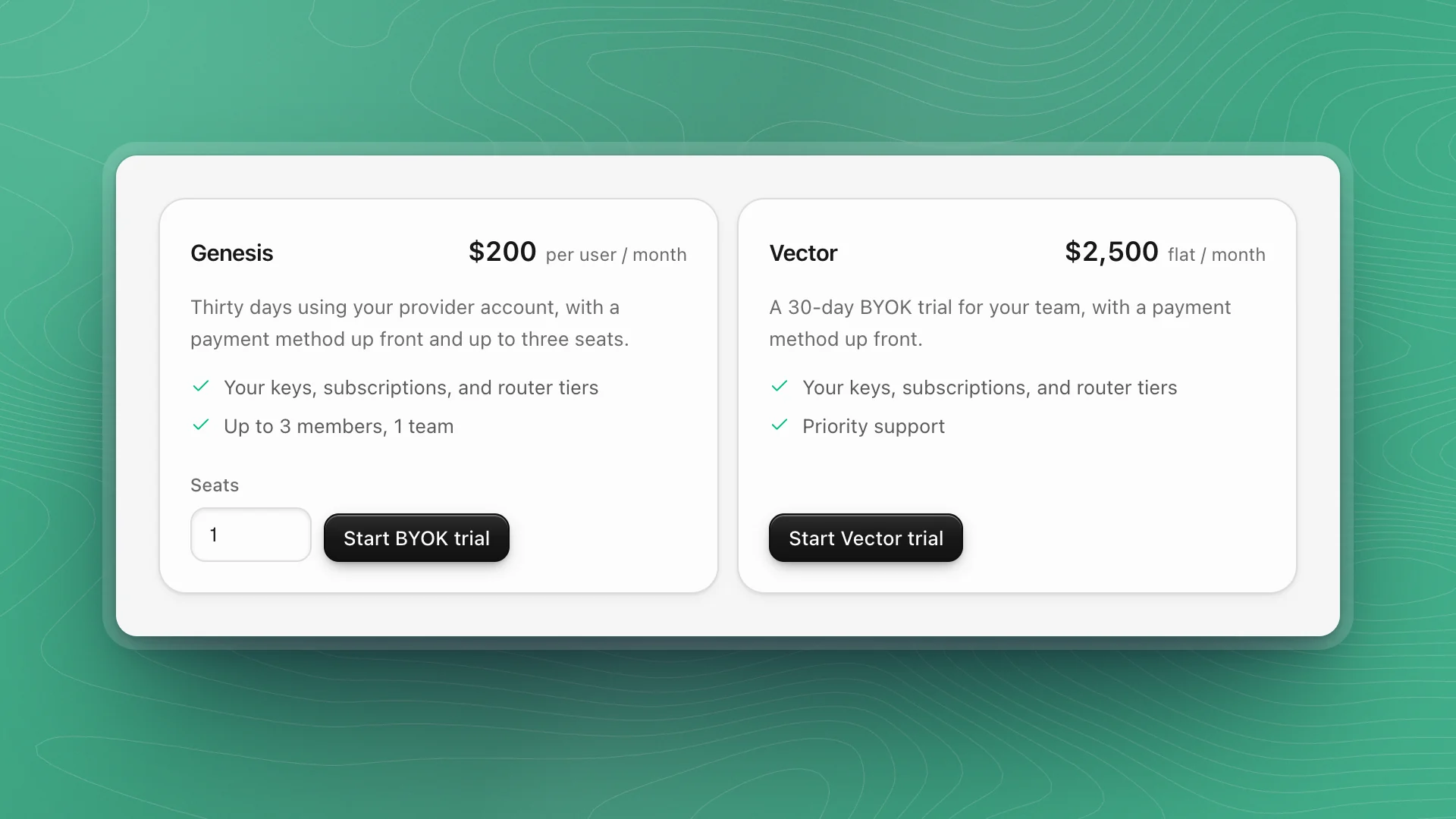 Genesis at $200 per user per month with a seat count and Start BYOK trial, beside Vector at $2,500 flat per month with Start Vector trial