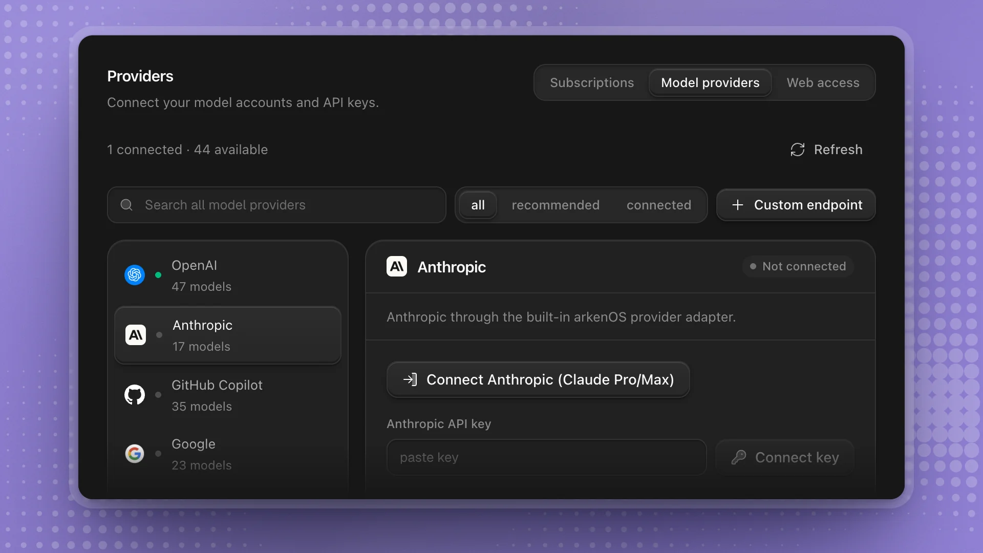 The Model providers tab: OpenAI connected in the provider list, Anthropic picked, its card offering a sign-in and an API key field