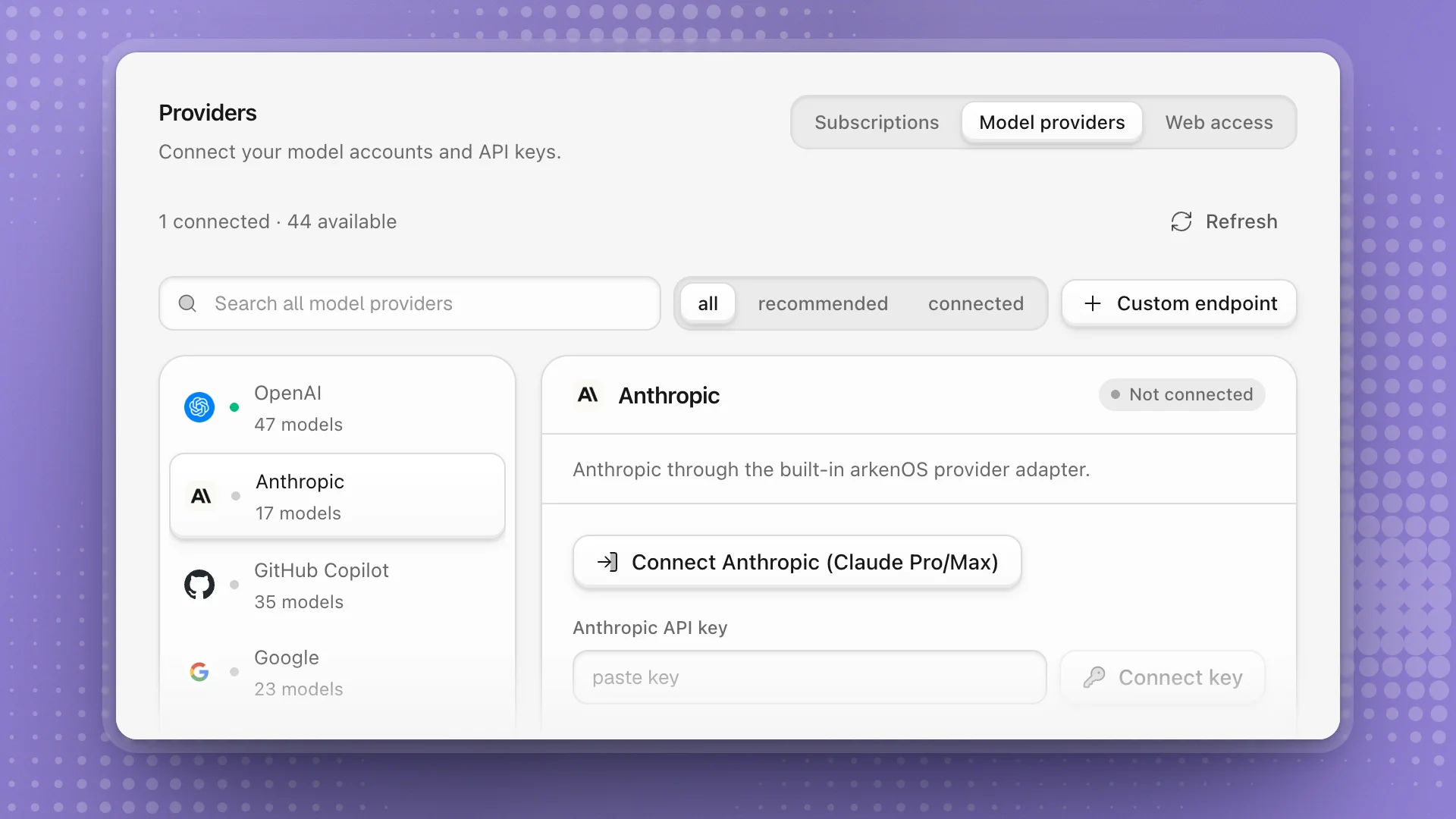 The Model providers tab: OpenAI connected in the provider list, Anthropic picked, its card offering a sign-in and an API key field