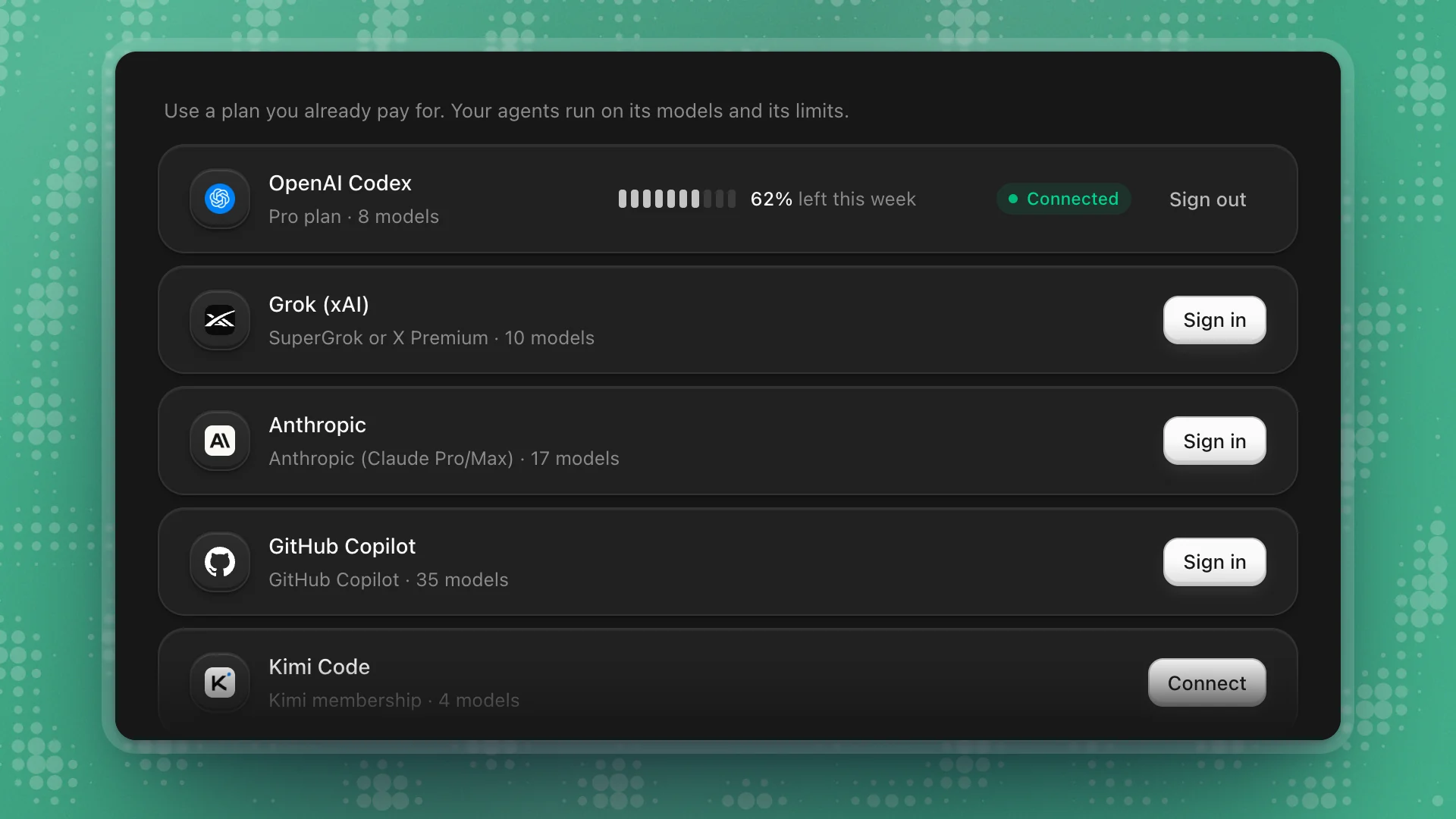 The Subscriptions tab with OpenAI Codex connected and Grok, Anthropic, GitHub Copilot and Kimi Code ready to connect